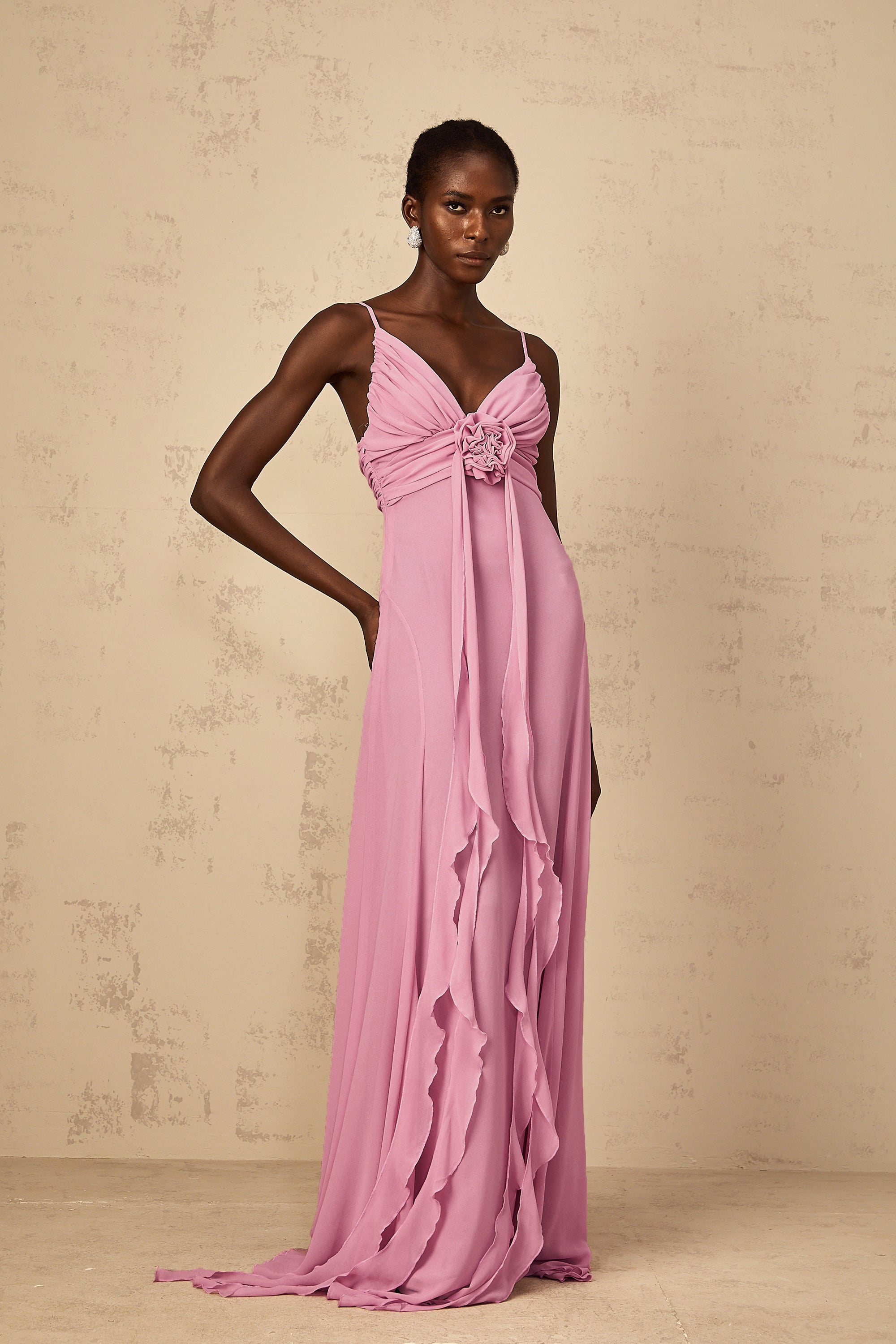 Ysandre Rose-Pink 3D Petal Tulle Maxi Dress