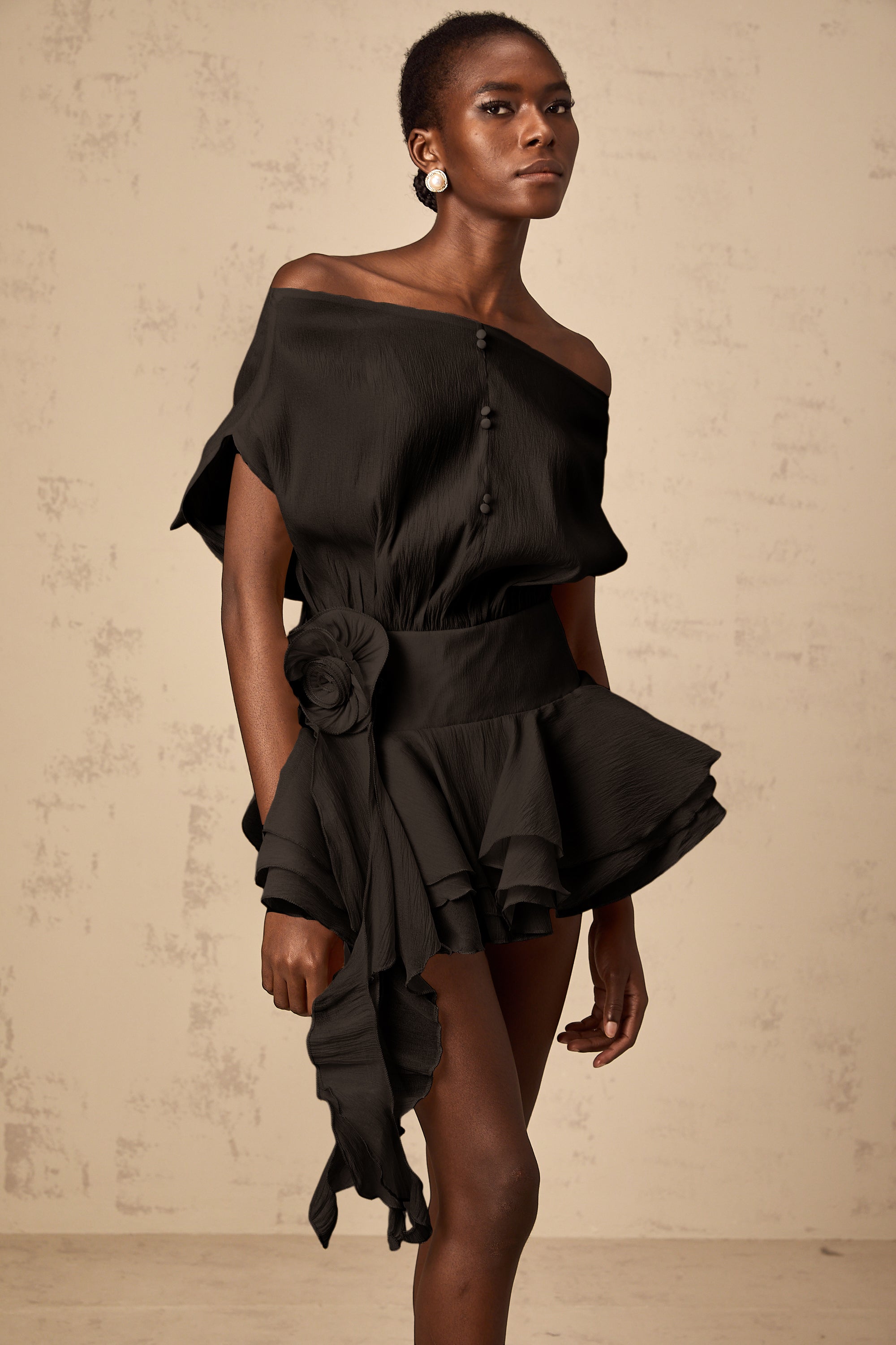 Amélie Black Floral Appliqué Flounced Mini Dress (Final Sale-US Only)