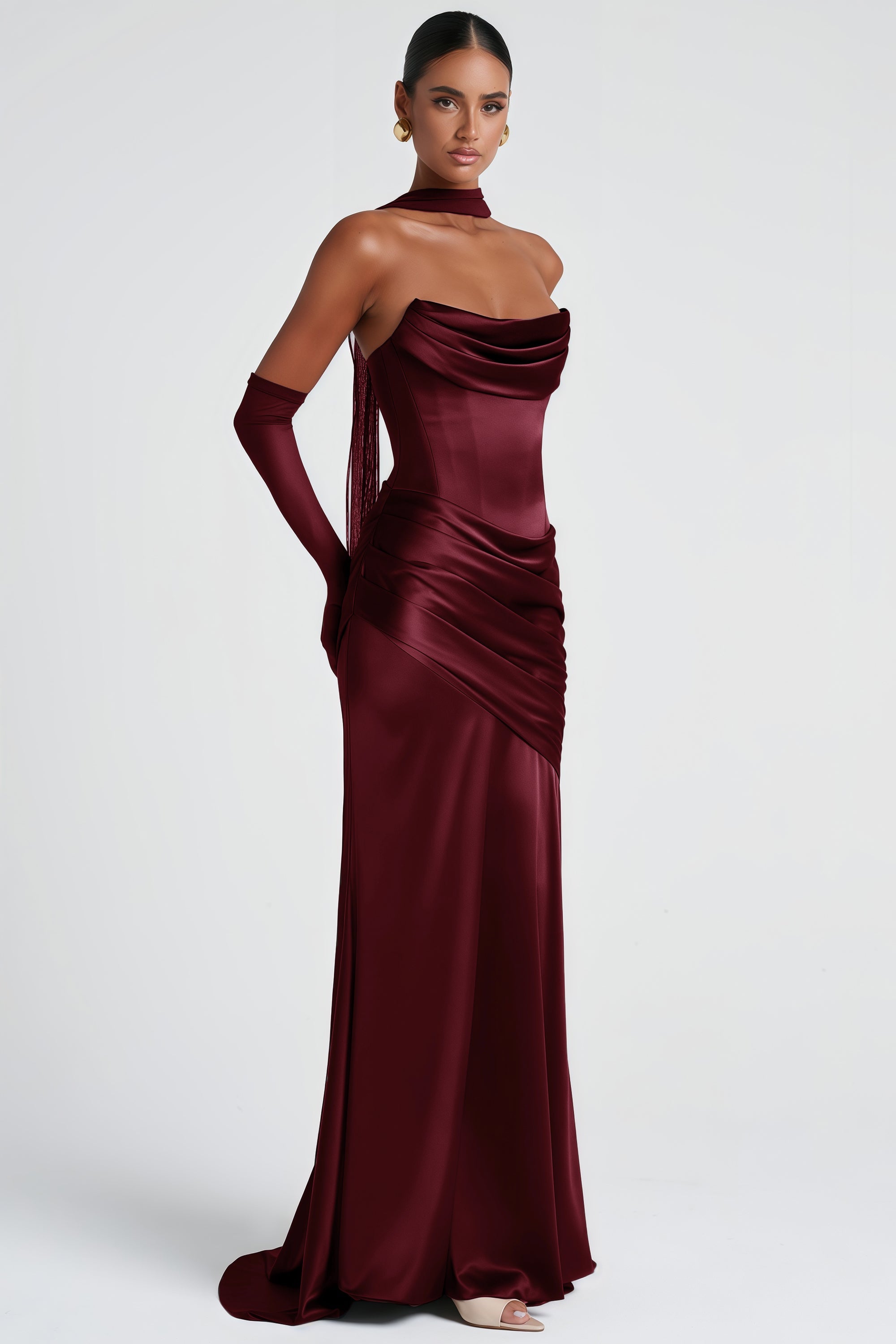 Marilou Burgundy Ruched Satin Maxi Dress (Final Sale-US Only)