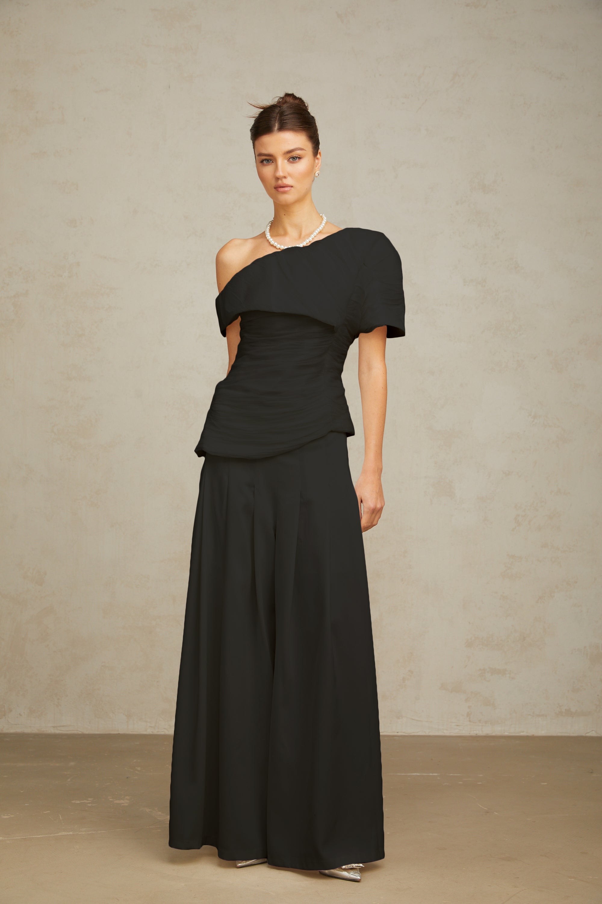 Adèle creased top & trousers matching set in Black