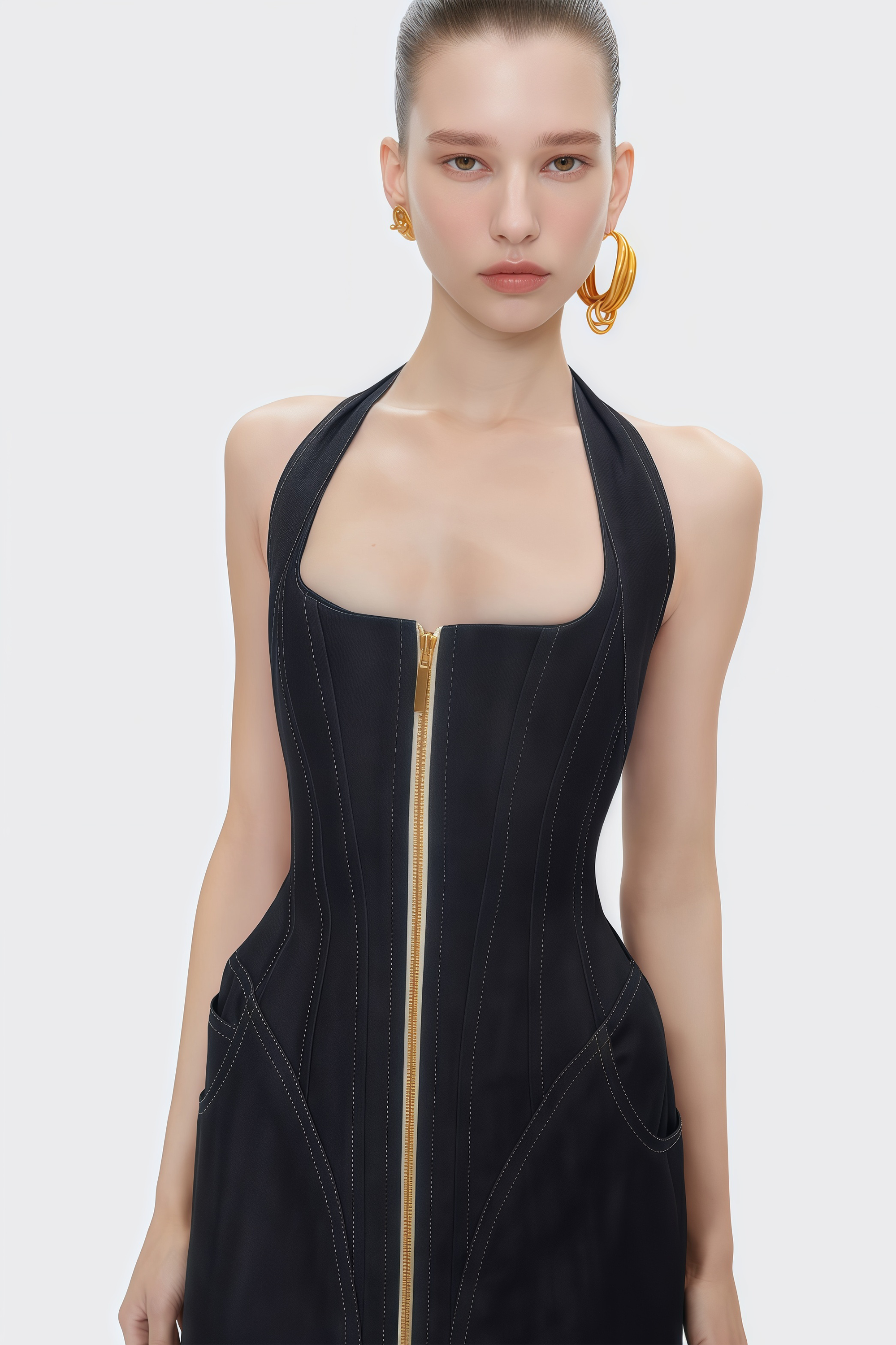 Adrienne black denim front-slit contrast-stitching maxi dress (Final Sale-US Only)