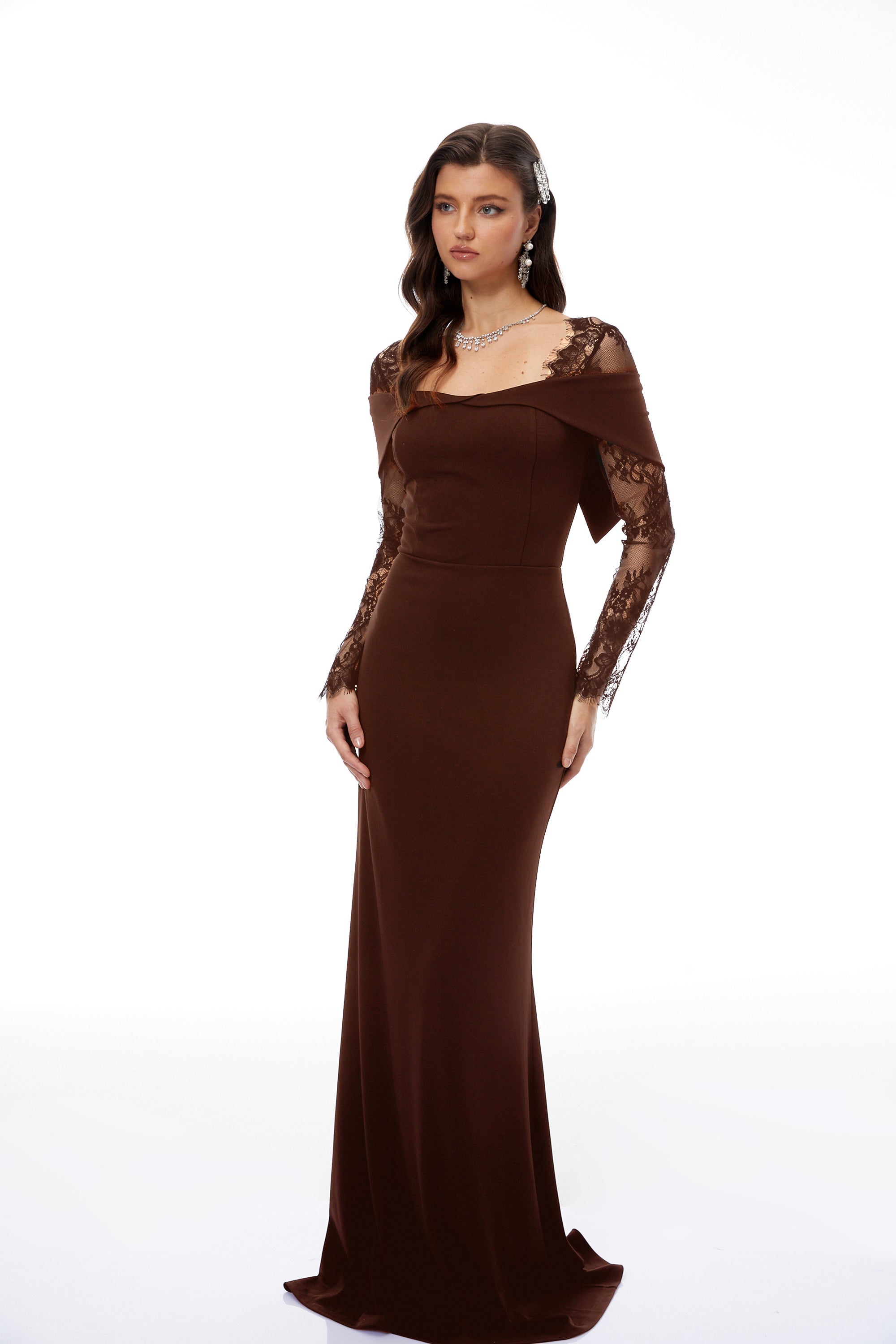 Georgiana Brown Lace Panel Flared Maxi Gown (Final Sale-US Only)