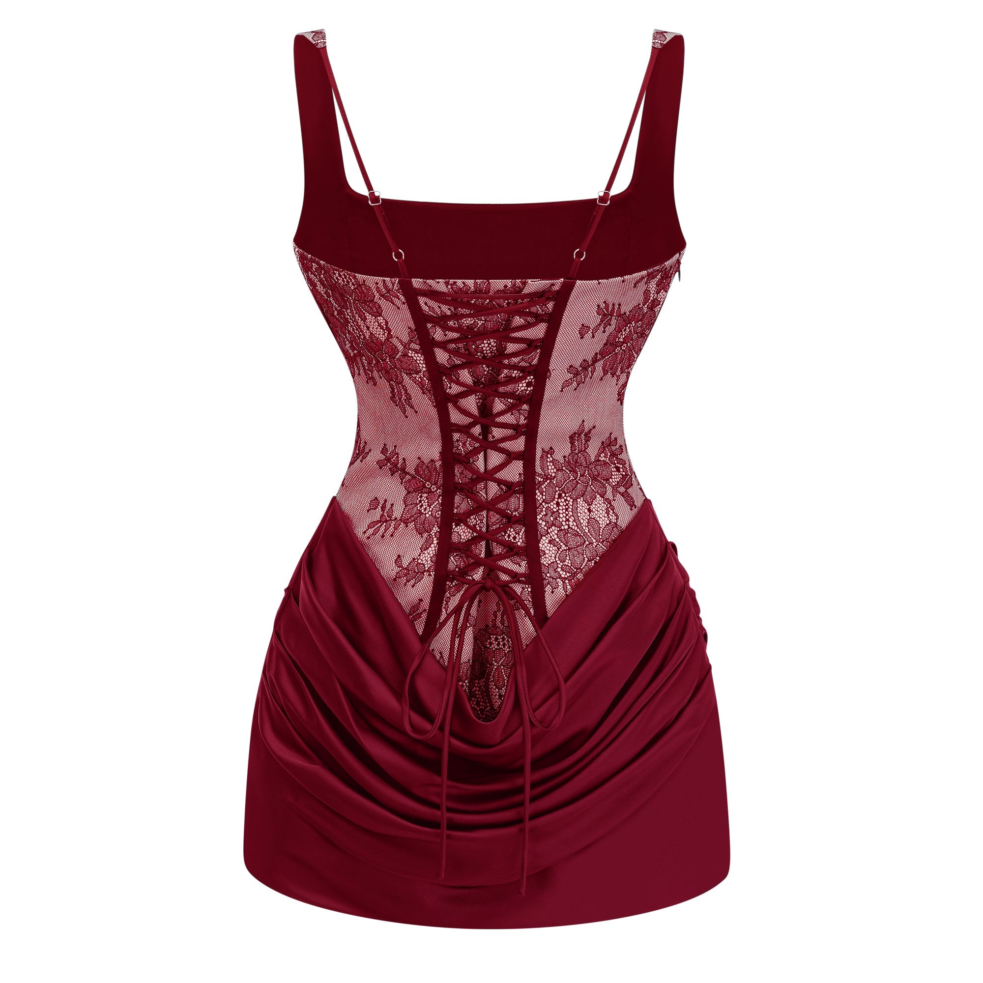 Olesya Red Ruched Mini Dress with Lace Panels