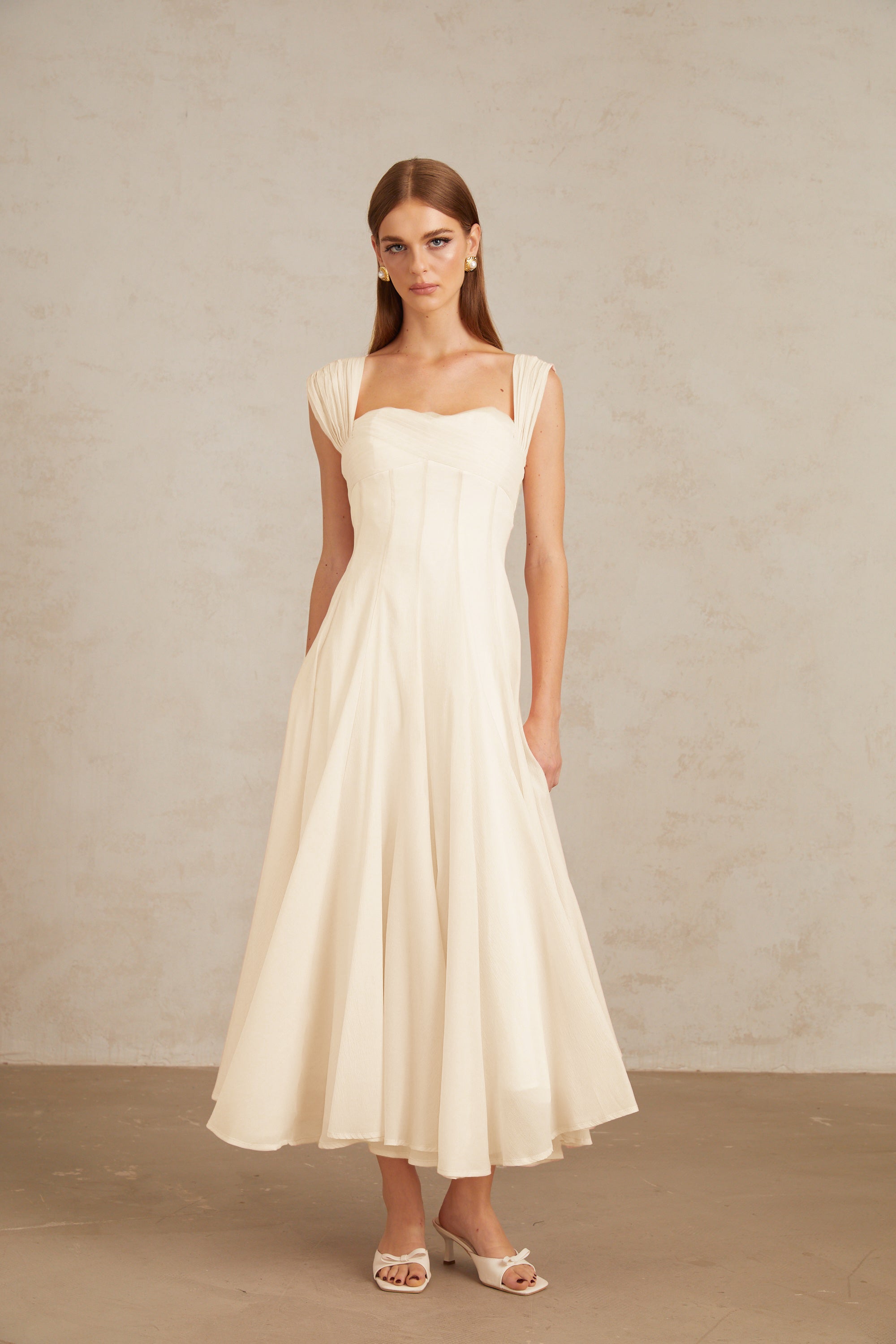 Érasme Cream White Flounced Midi dress