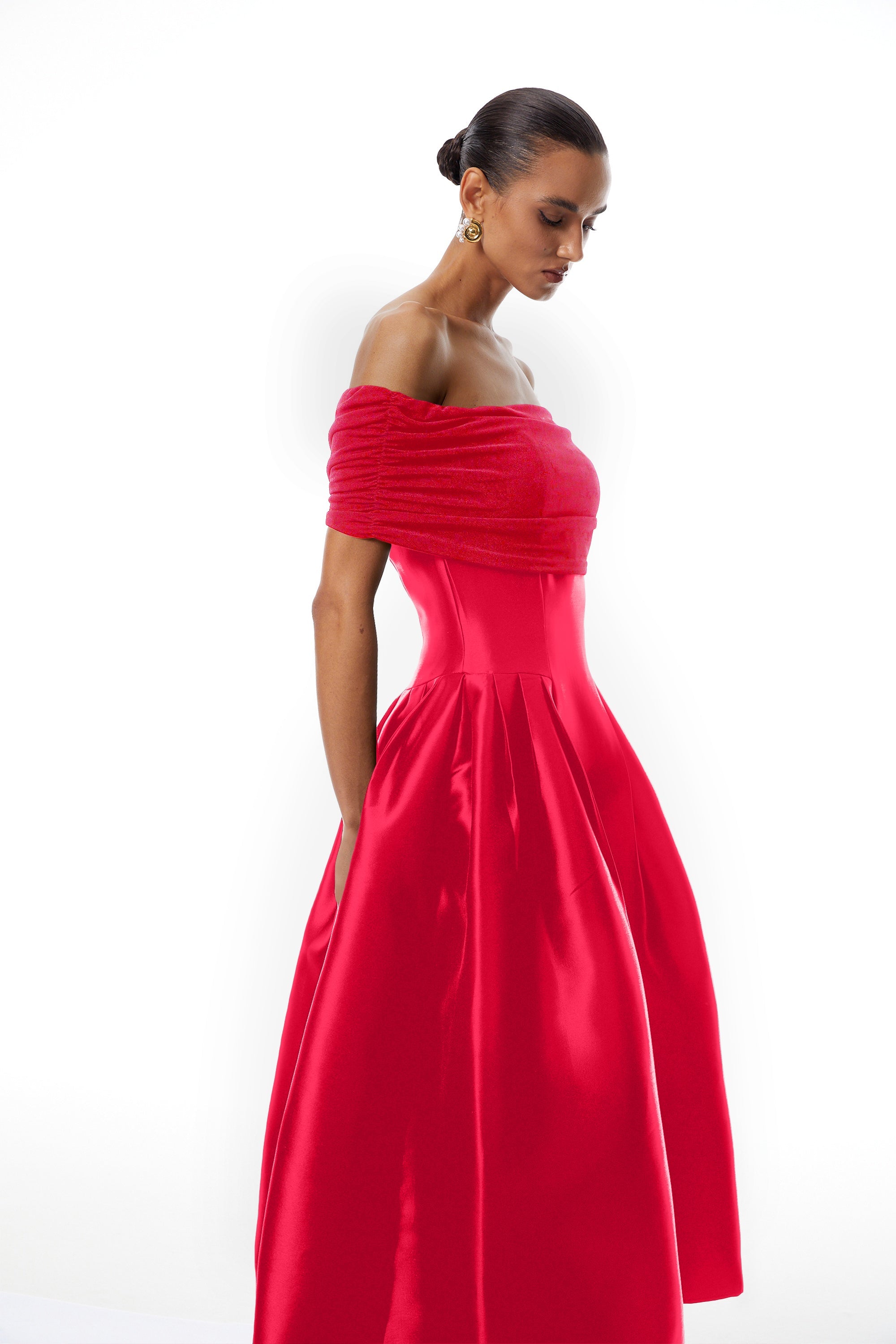 Ainara Red Off Shoulder Polished Midi Dress (Final Sale-US Only)