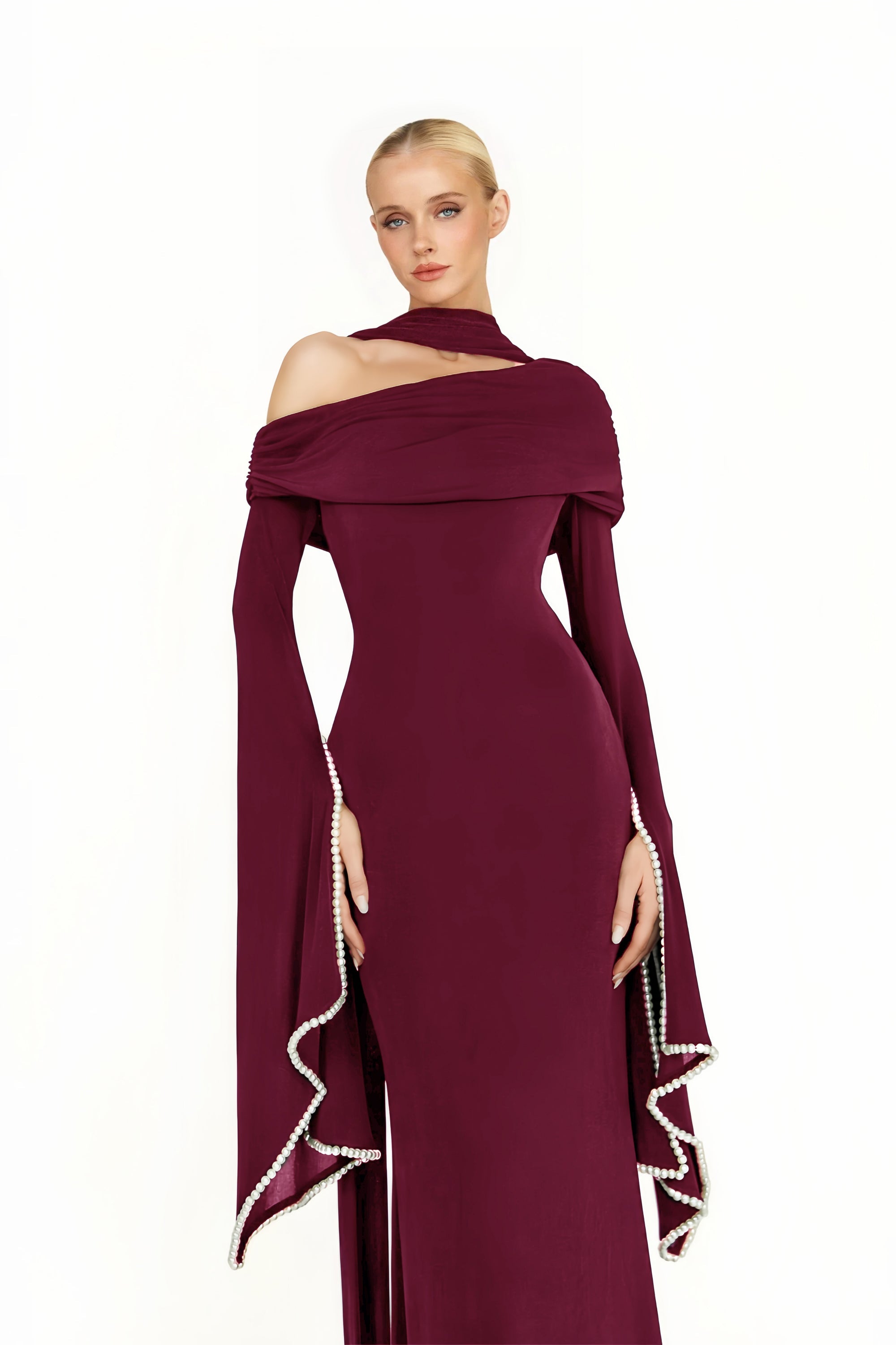 Simona Burgundy One Shoulder Pearl Trim Maxi Gown