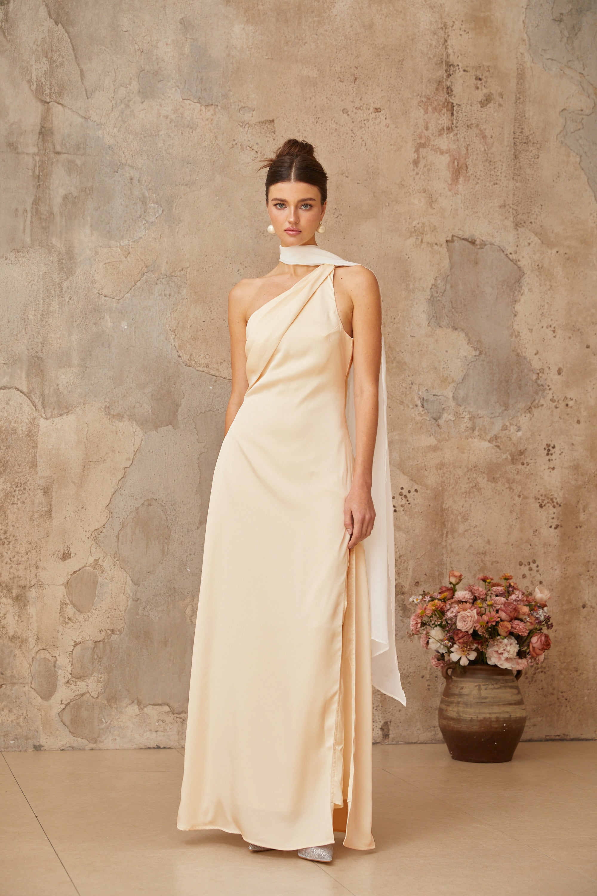 Thérèse neutral scarf-design satin maxi dress (Final Sale-US Only)