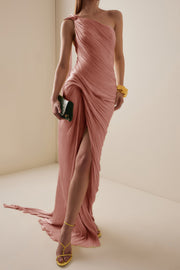 Meissa Pink Asymmetrical Ruched Maxi Dress