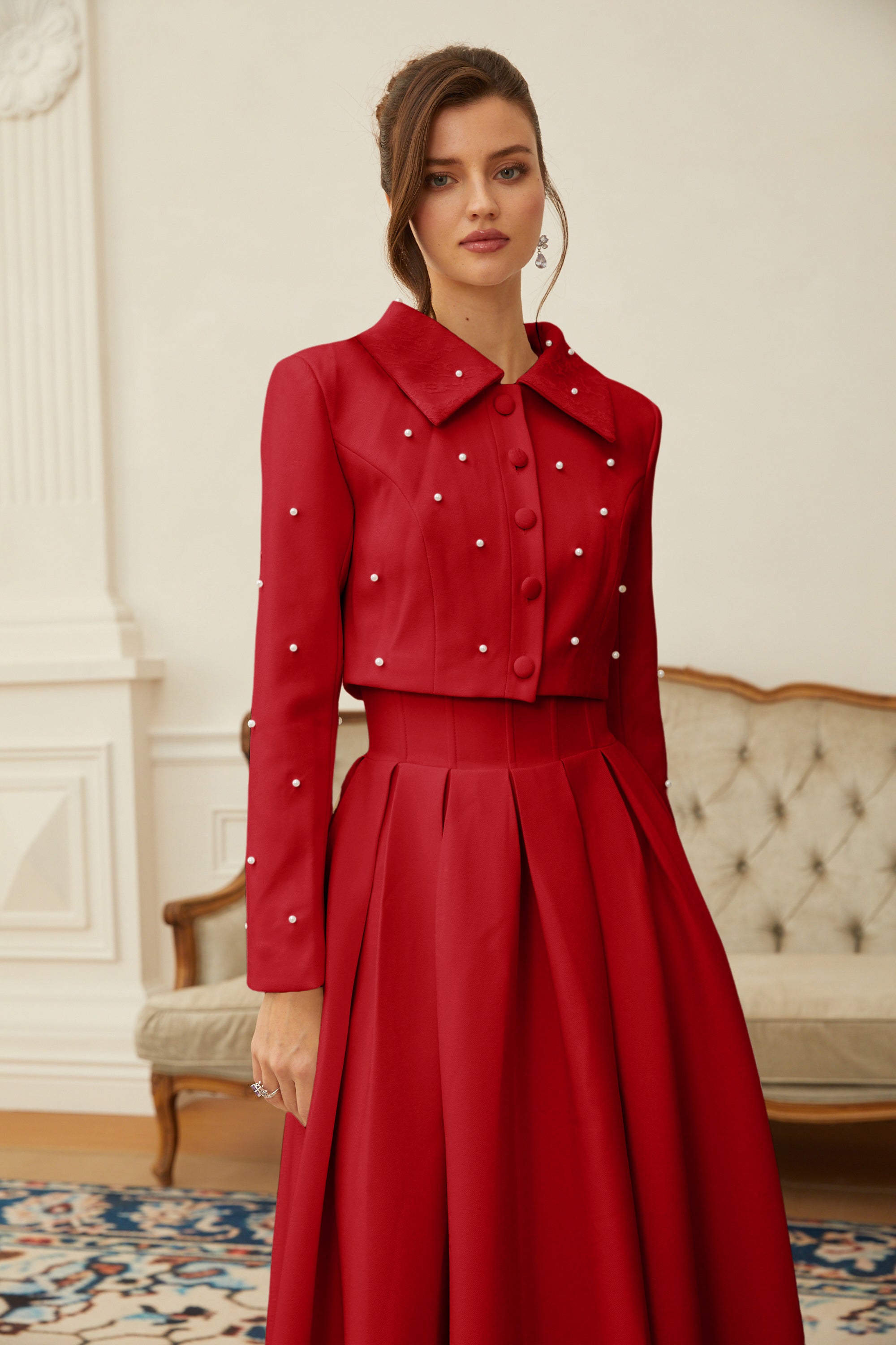 Maja Red Faux Pearl Jacket & Pleated Skirt Set