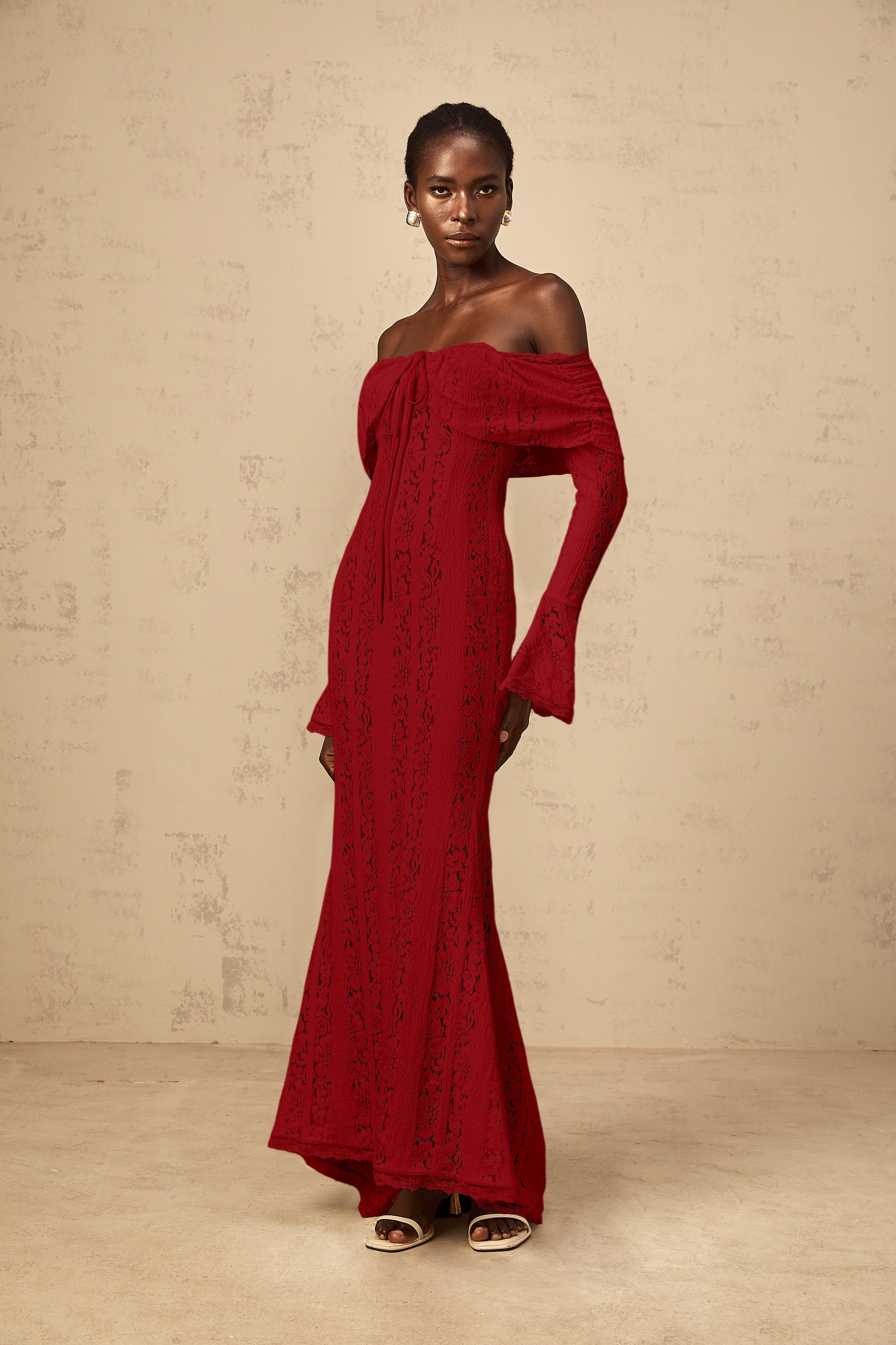 Émeline floral lace train-design maxi dress in Red (Final Sale-US Only)