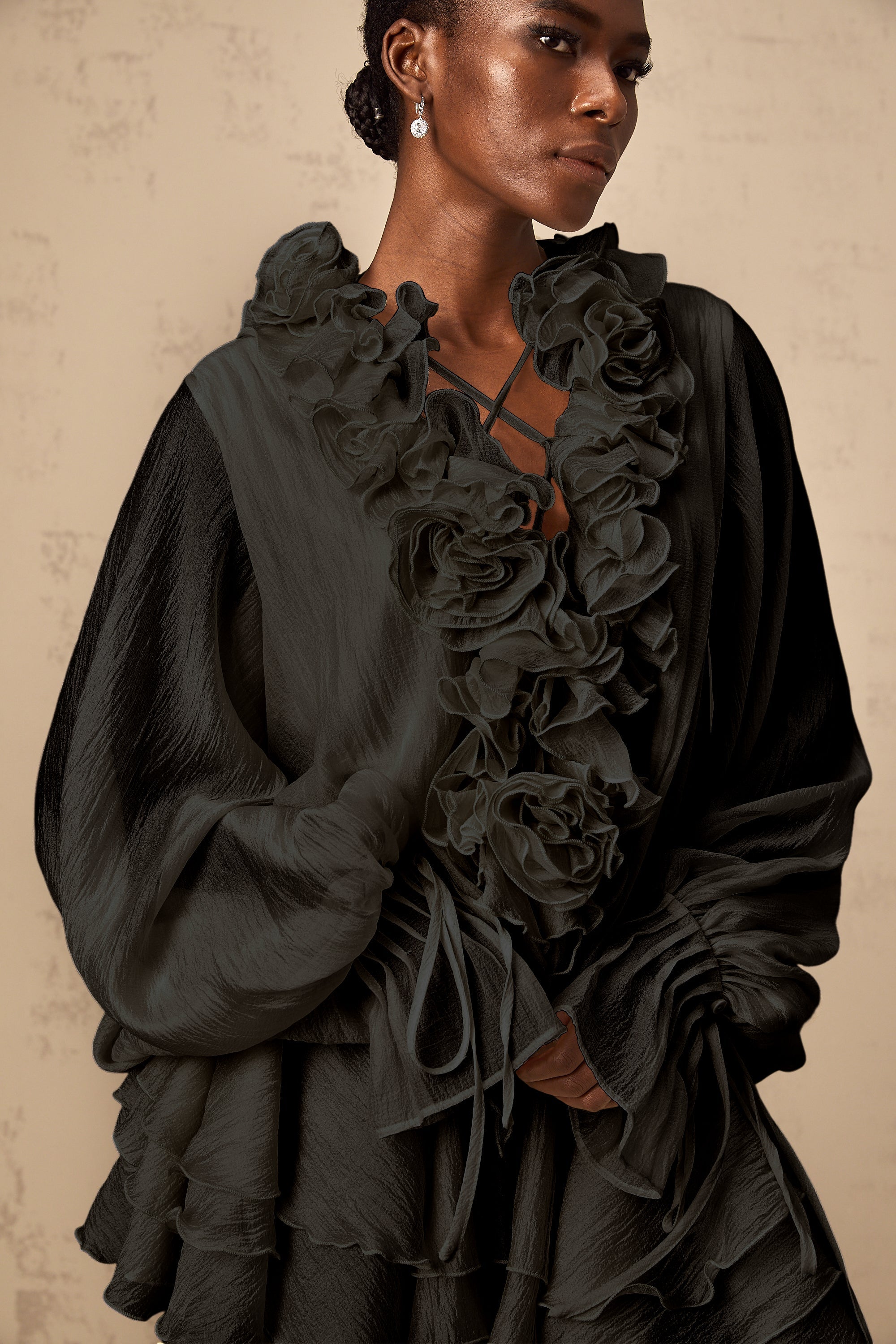 Zéphyrine floral-appliqué tiered mini dress in Black (Final Sale-US Only)