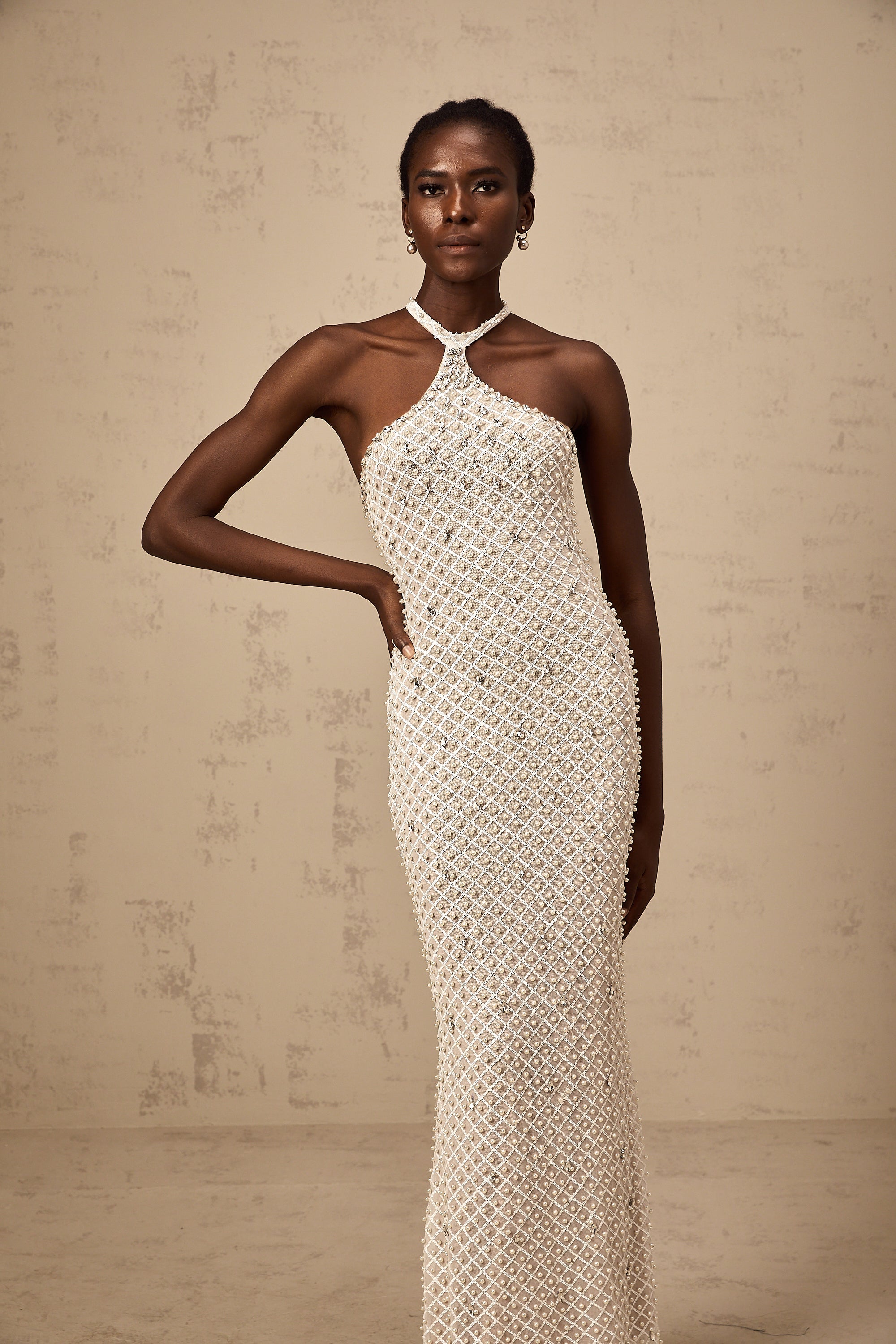 Claudine white embellished halterneck maxi dress (Final Sale-US Only)