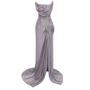Gelsomina Grey Asymmetrical Glossy Gathered Maxi Dress