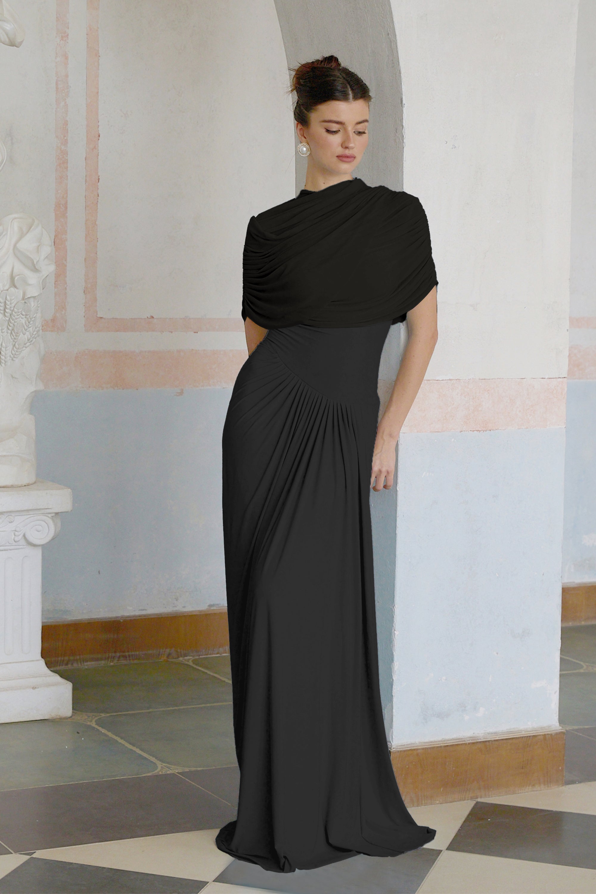 Catherine asymmetrical pleated maxi dress in Black
