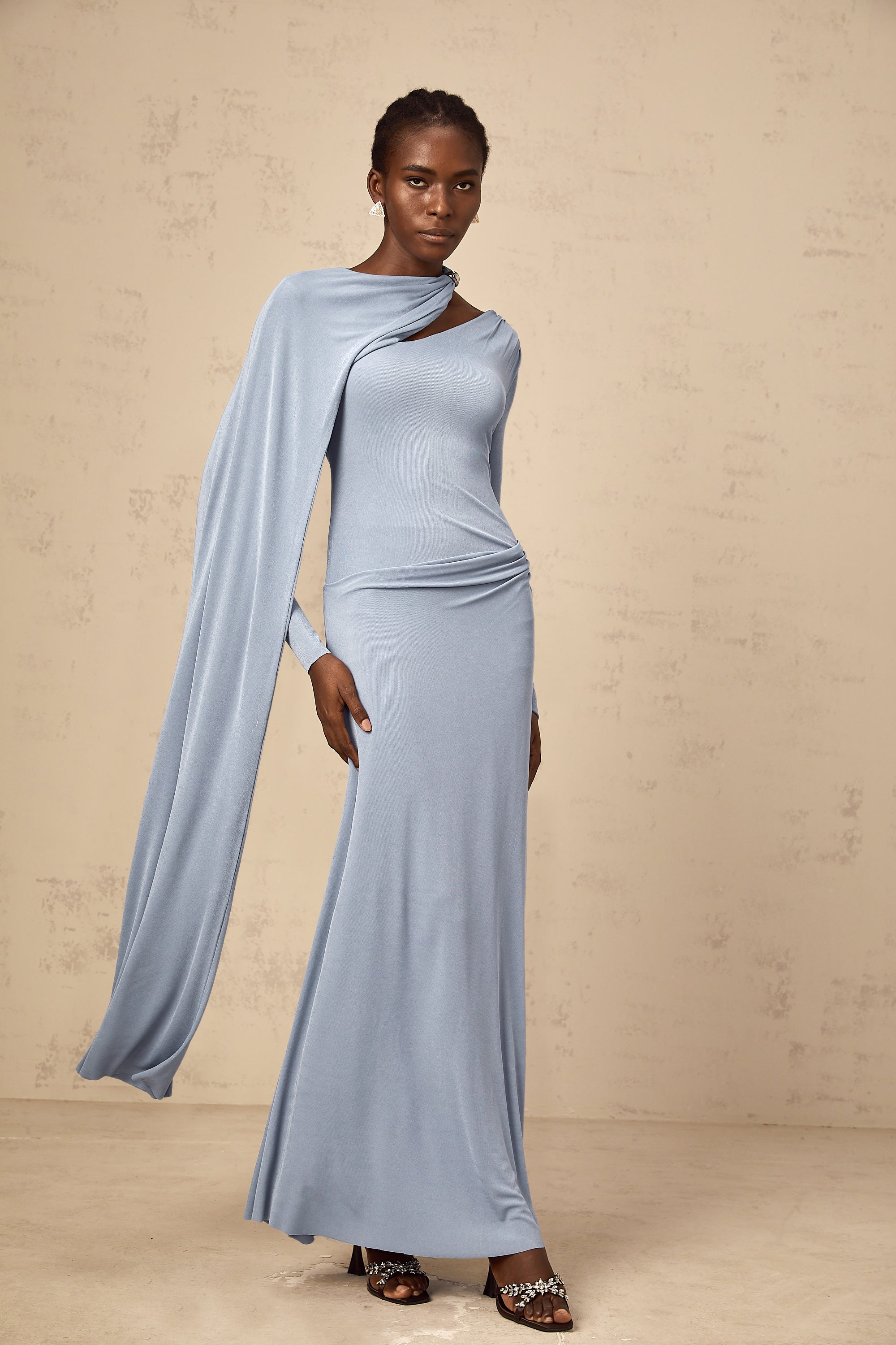 Josette Blue Diagonal Shawl Fitted Maxi Dress (Final Sale-US Only)