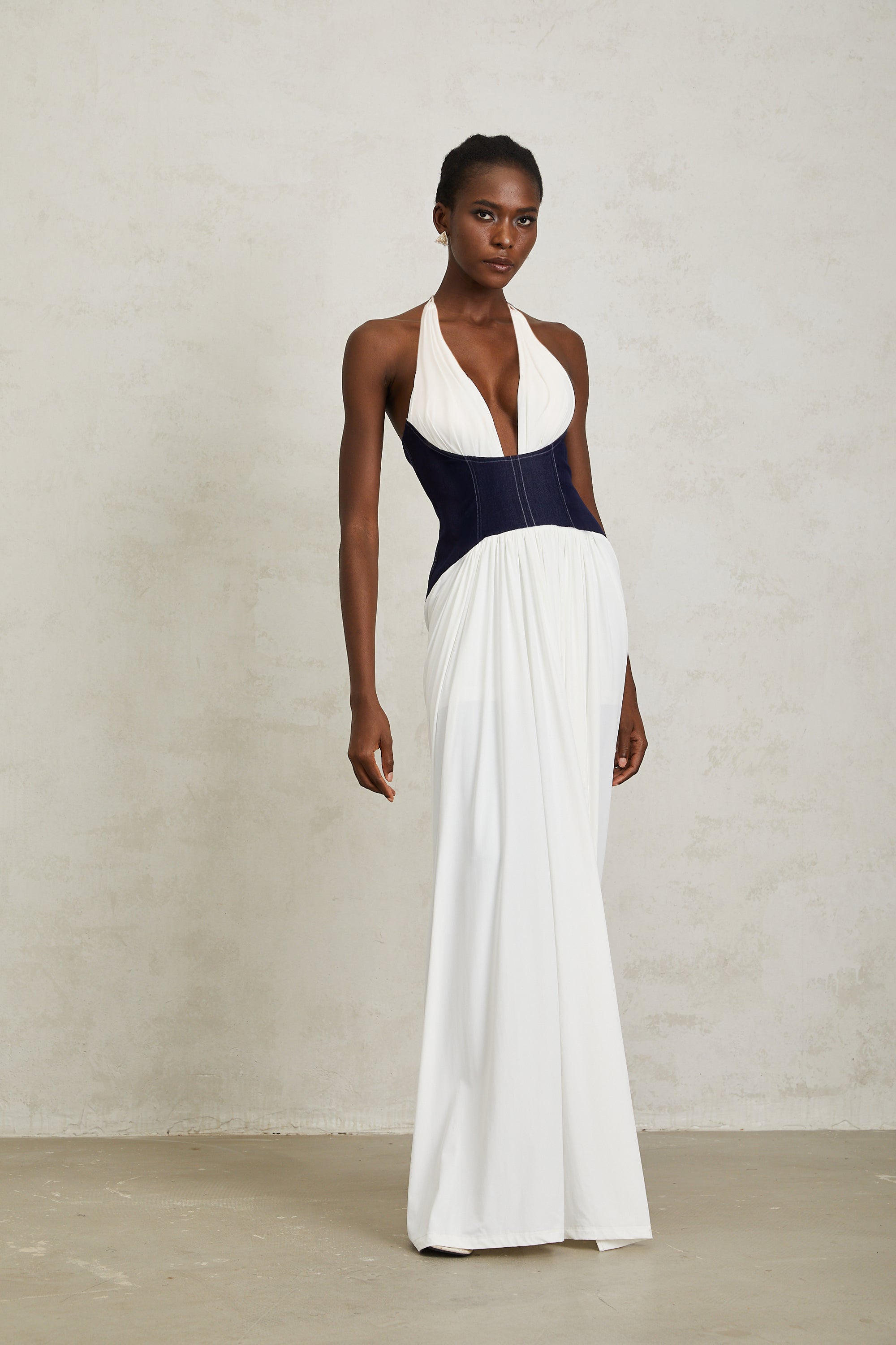 Airi White Halterneck Denim Panel Maxi Dress