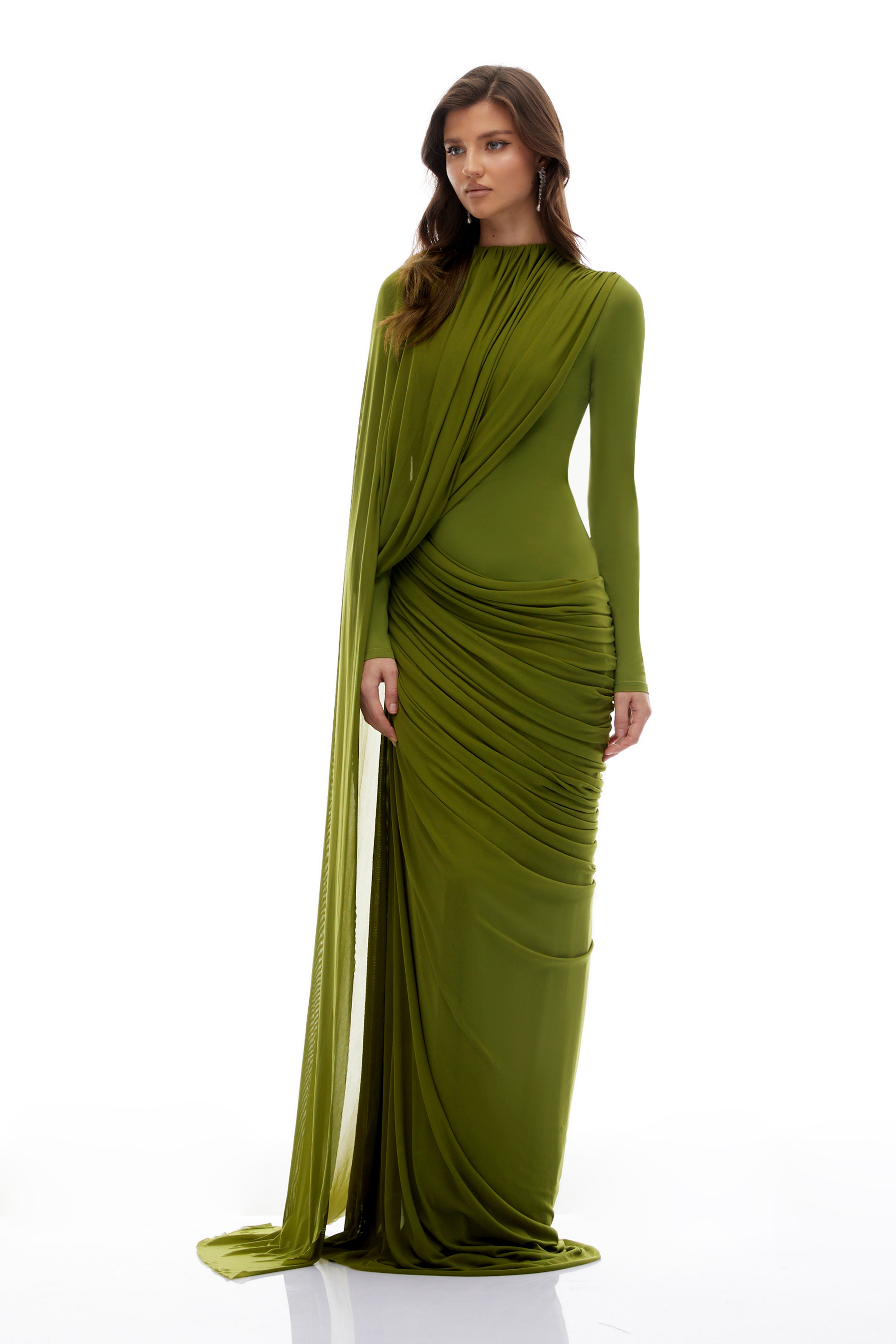 Emilia Green Asymmetrical Ribbon Draped Maxi Dress