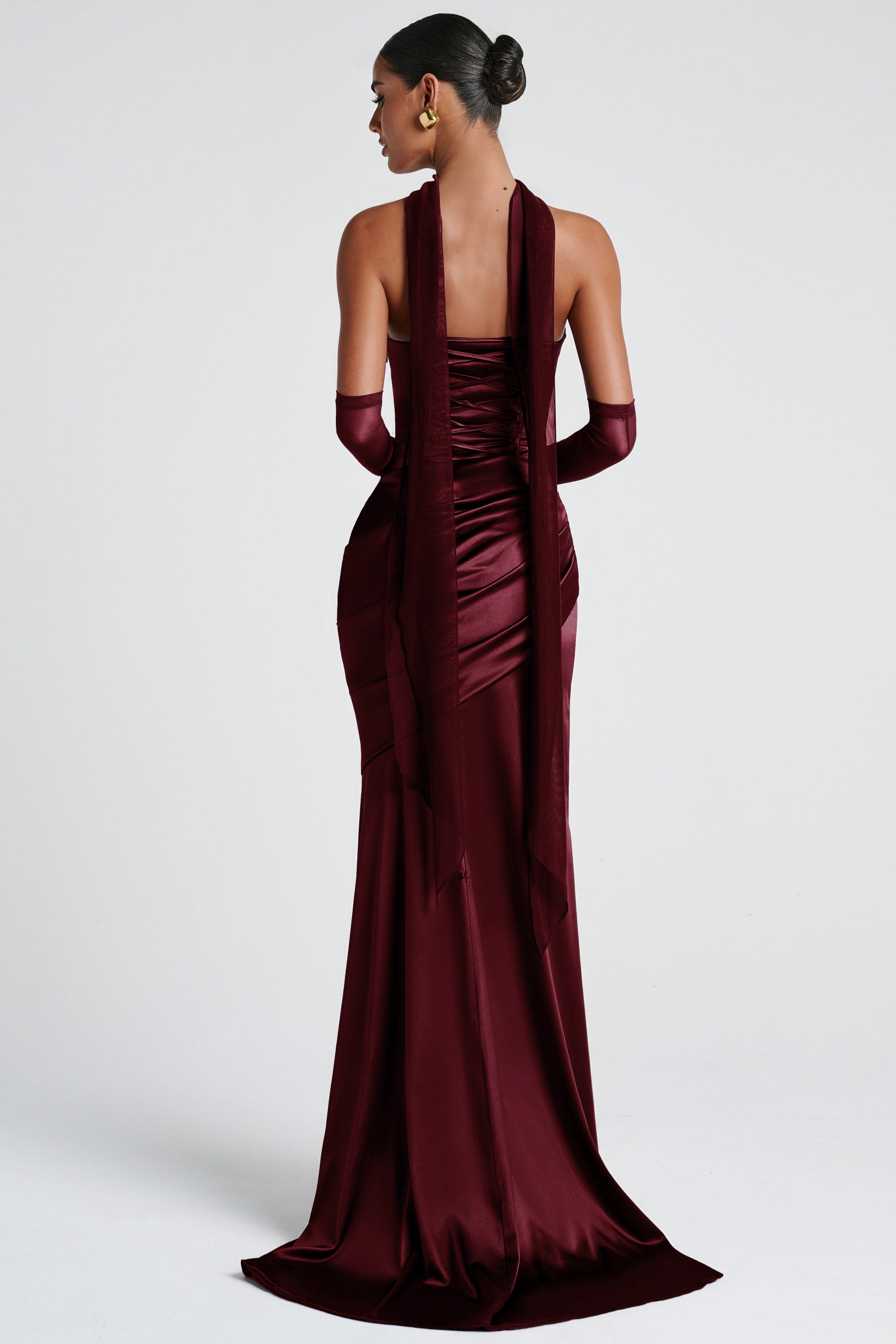 Marilou Burgundy Ruched Satin Maxi Dress (Final Sale-US Only)