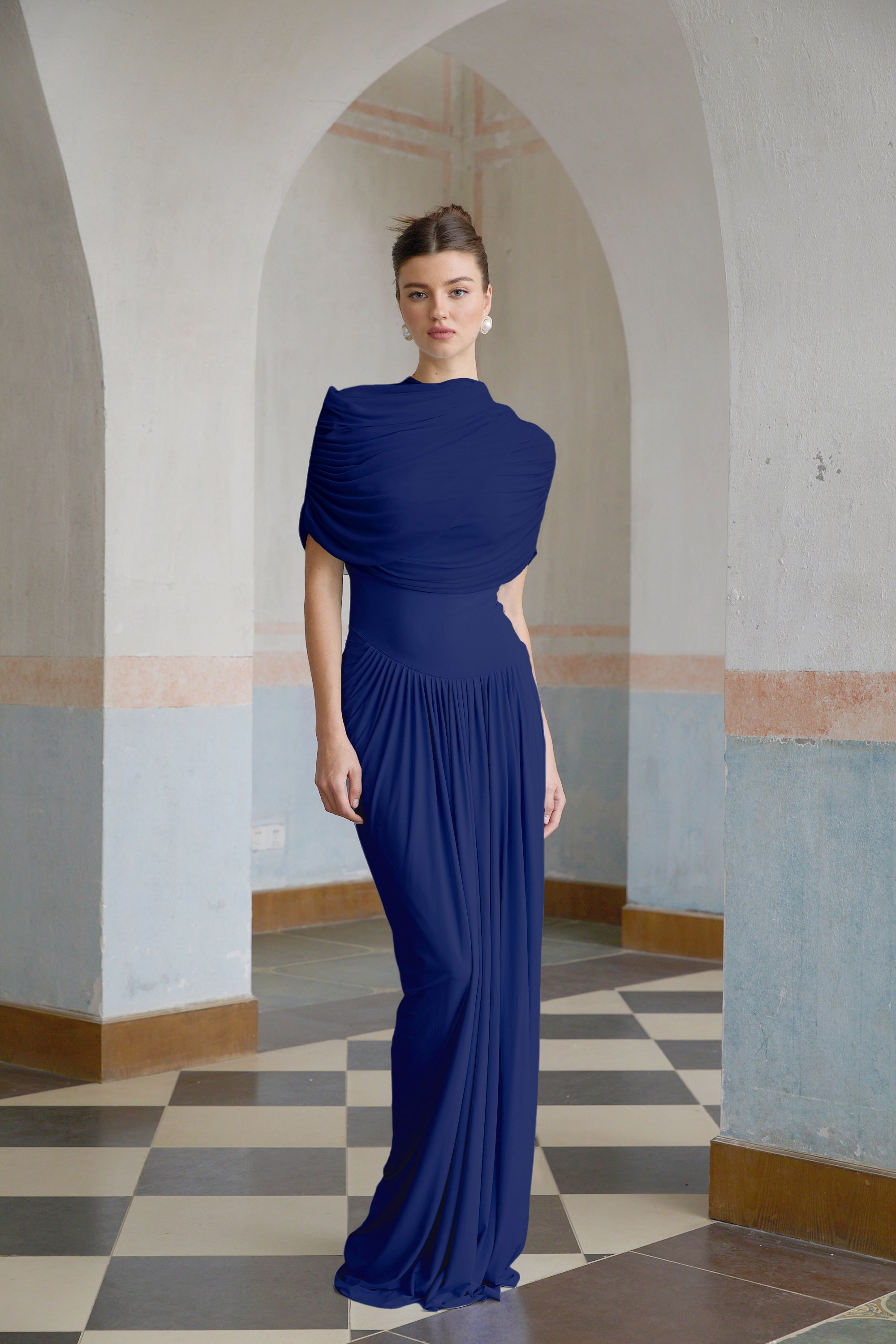 Catherine asymmetric pleated maxi dress in Navy-blue