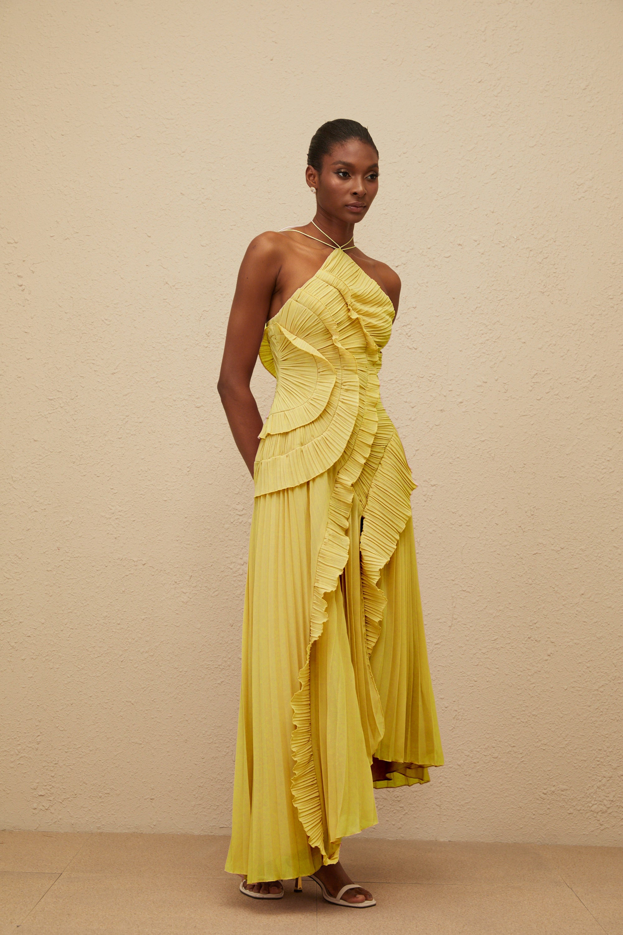 Doux Yellow Ruffled Trim Pleated Midi Dress (Final Sale-US Only)