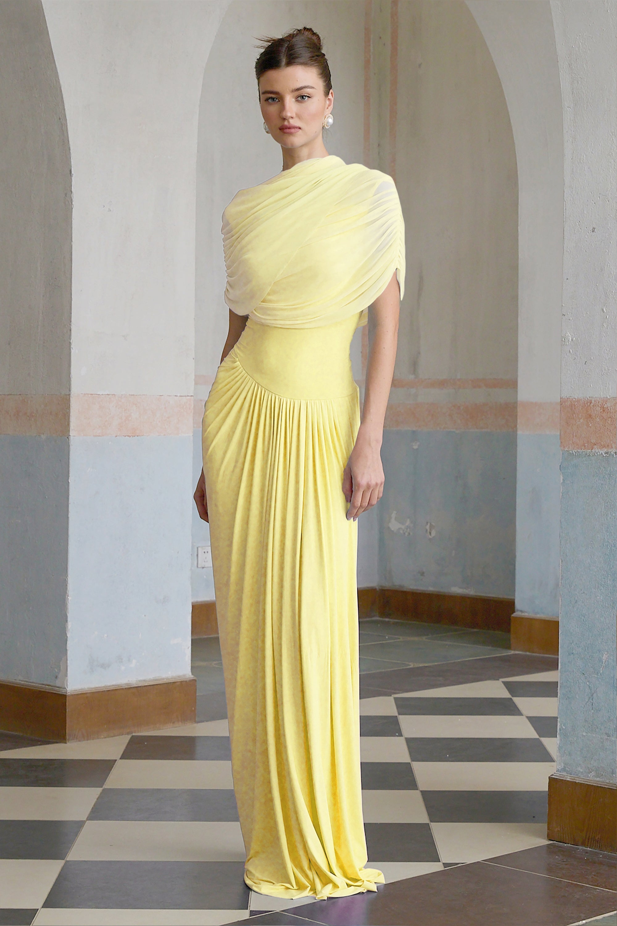 Catherine asymmetrical pleated maxi dress in Yellow
