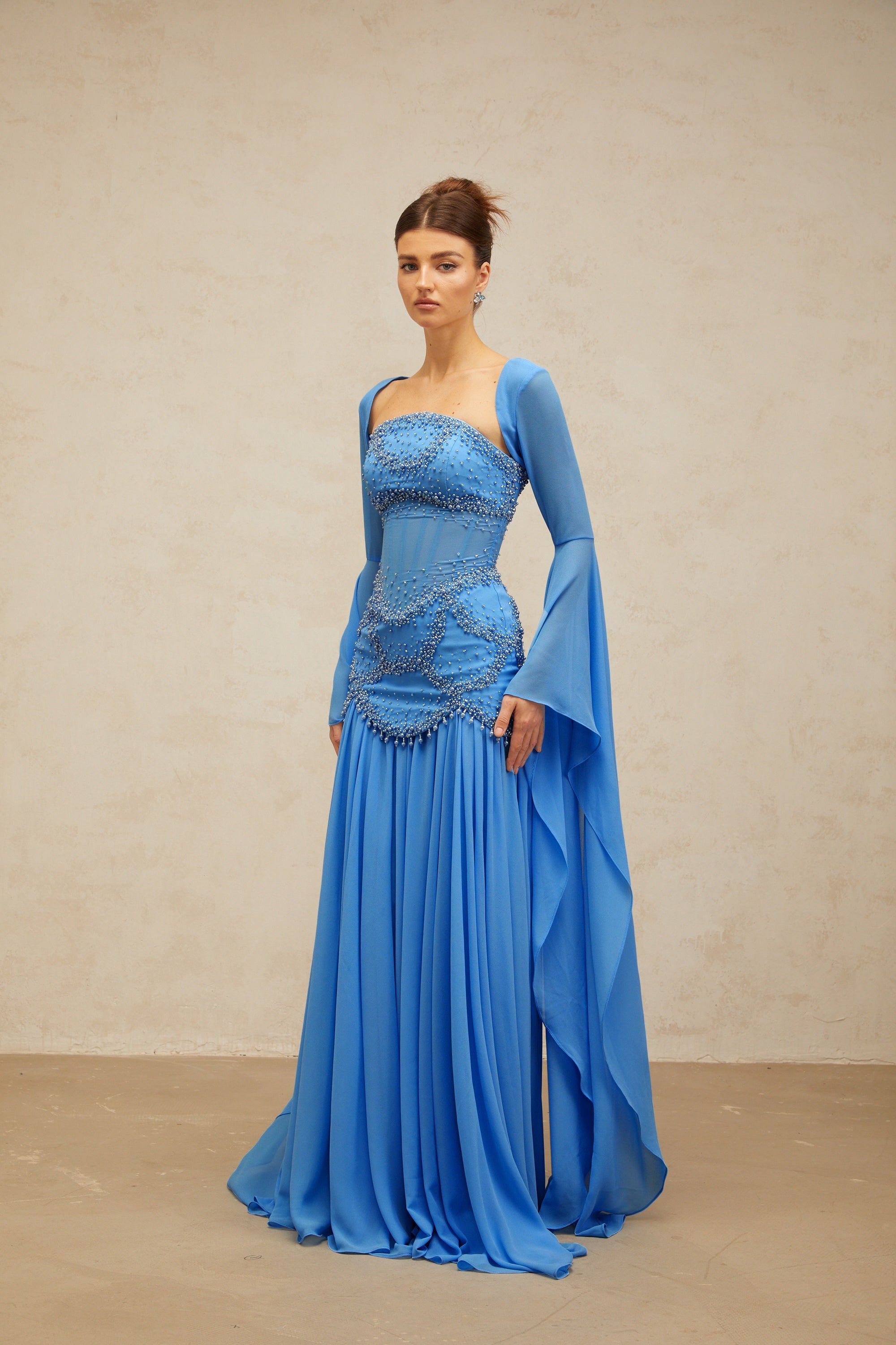Gaëlle blue faux-pearl-embellished pleated maxi dress (Final Sale-US Only)