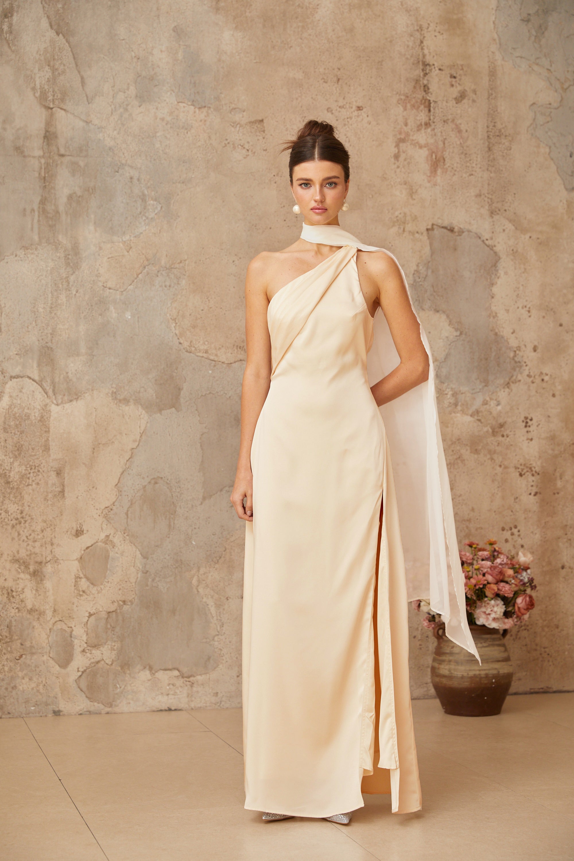 Thérèse neutral scarf-design satin maxi dress (Final Sale-US Only)