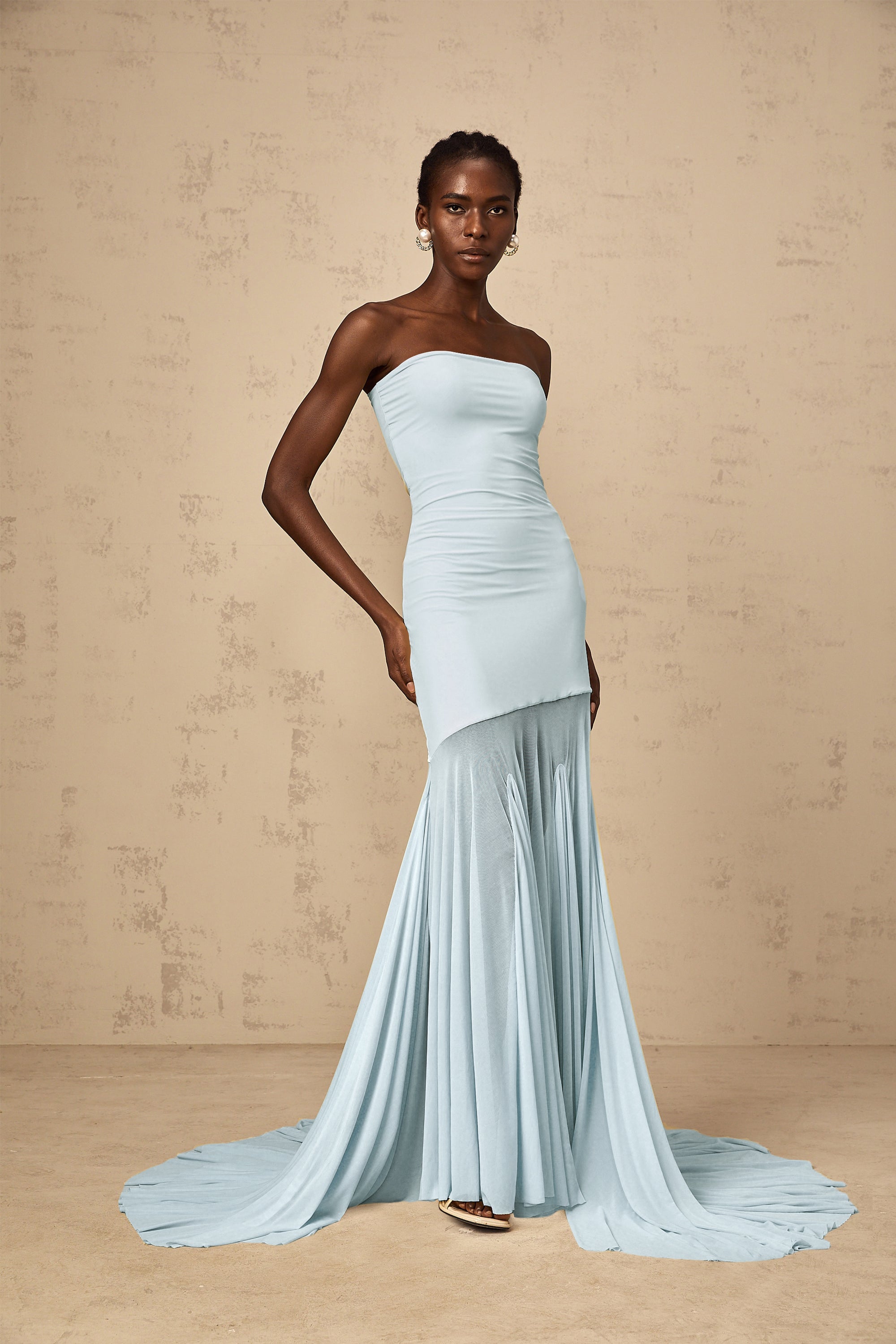 Josiane Blue Off-shoulder Sheer Tulle Maxi Dress