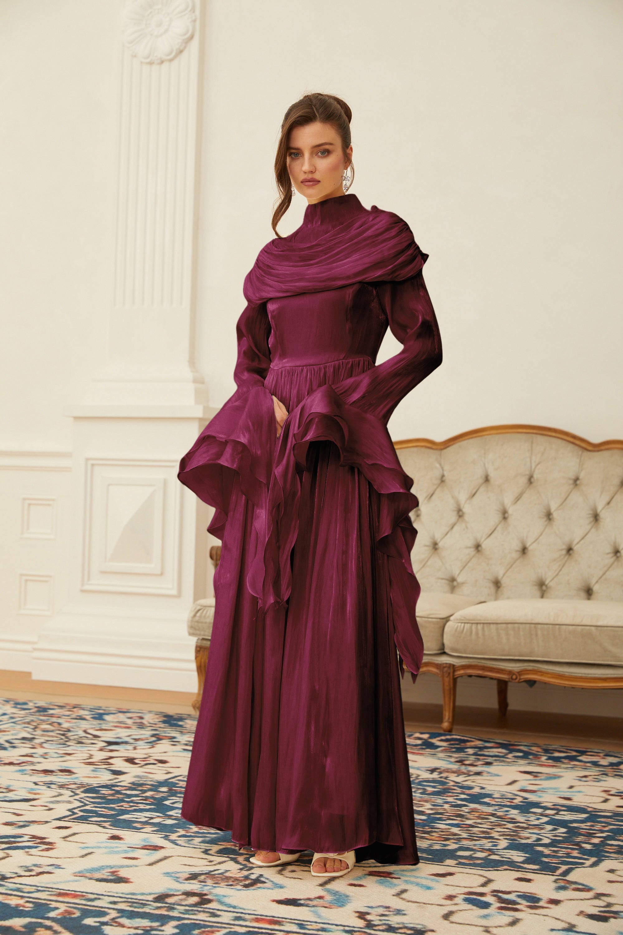 Danuta Burgundy Ruched Pleated Maxi Dress (Final Sale)