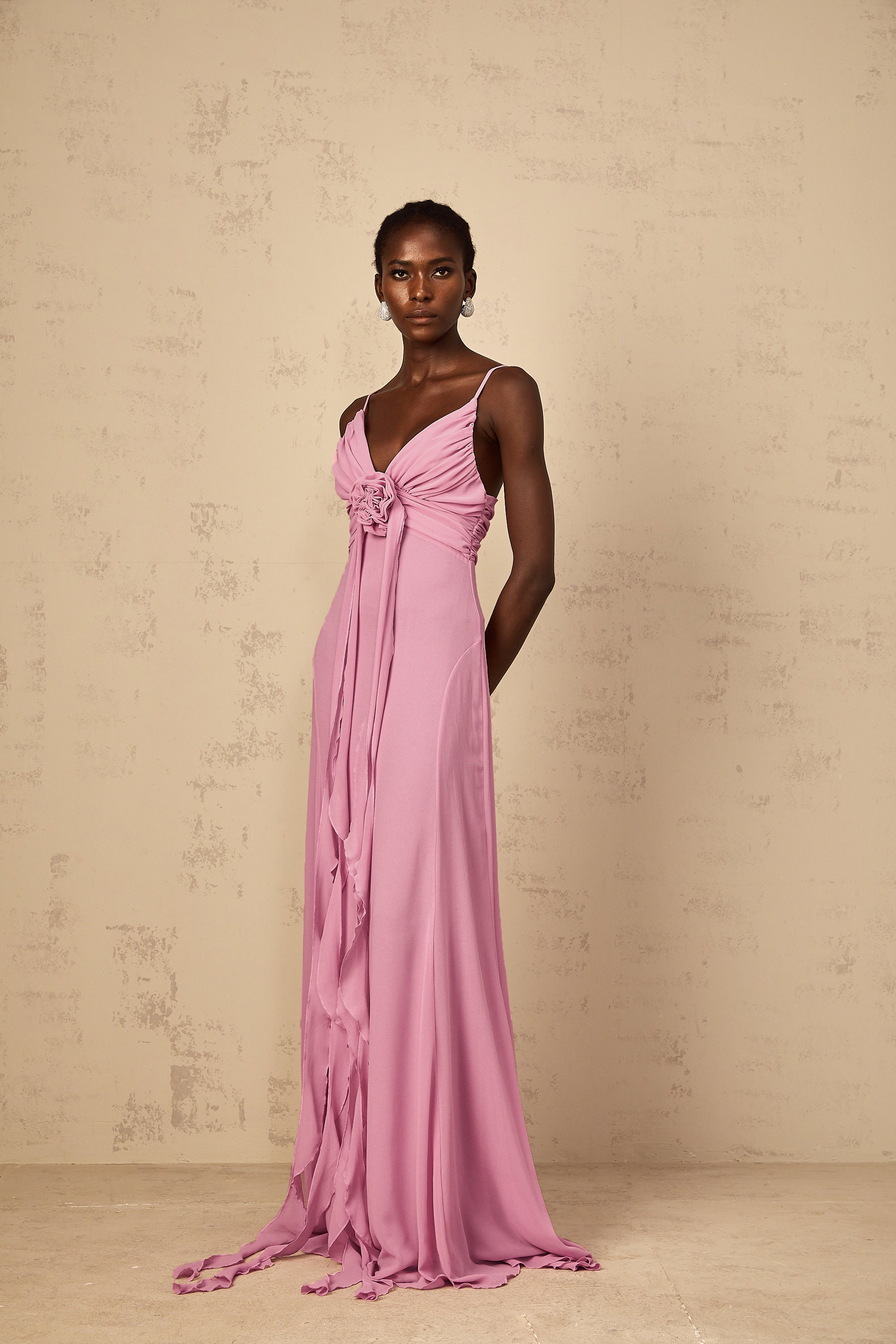 Ysandre Rose-Pink 3D Petal Tulle Maxi Dress