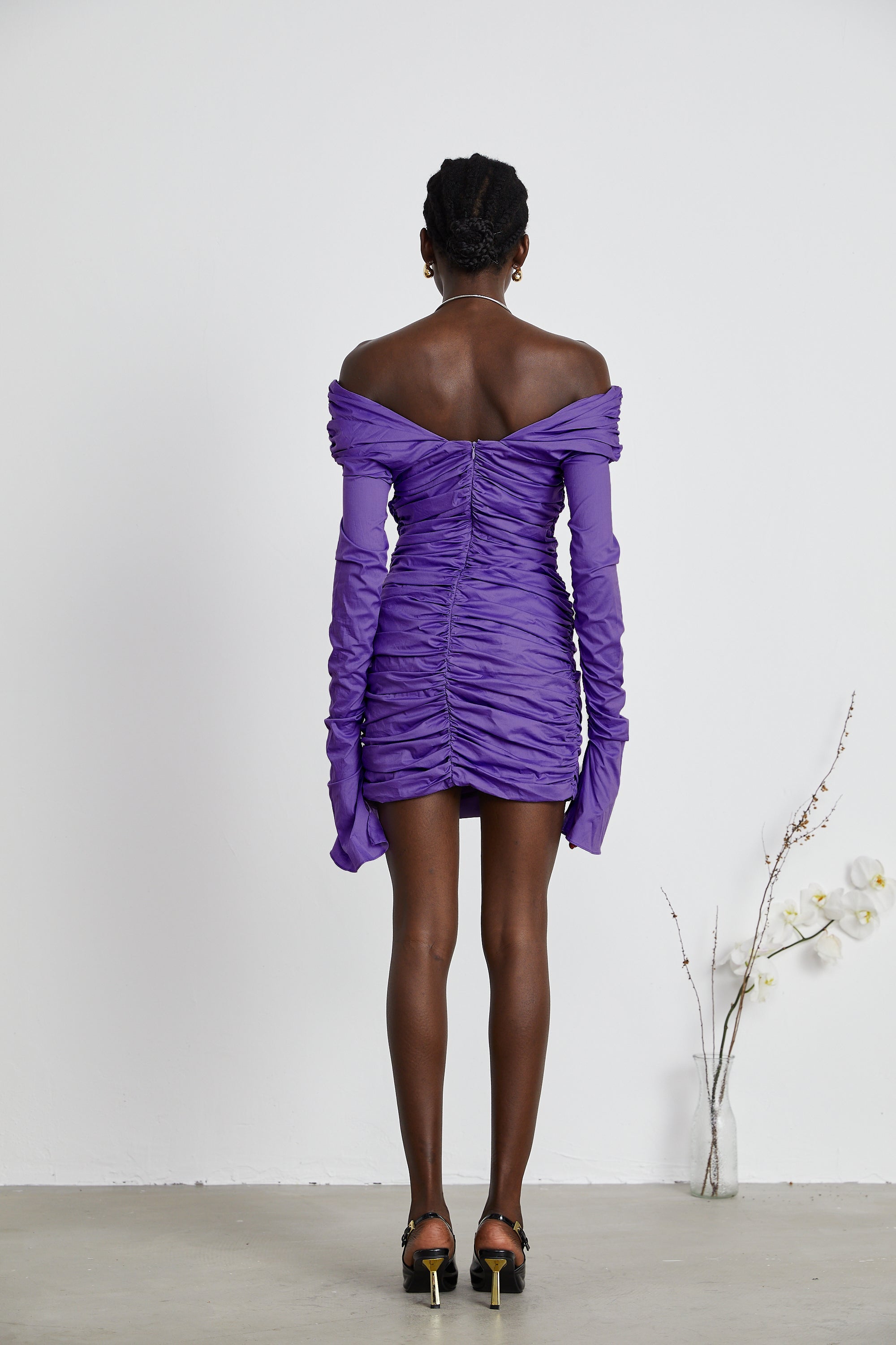 Apolline purple off-shoulder ruched mini dress (Final Sale-US Only)