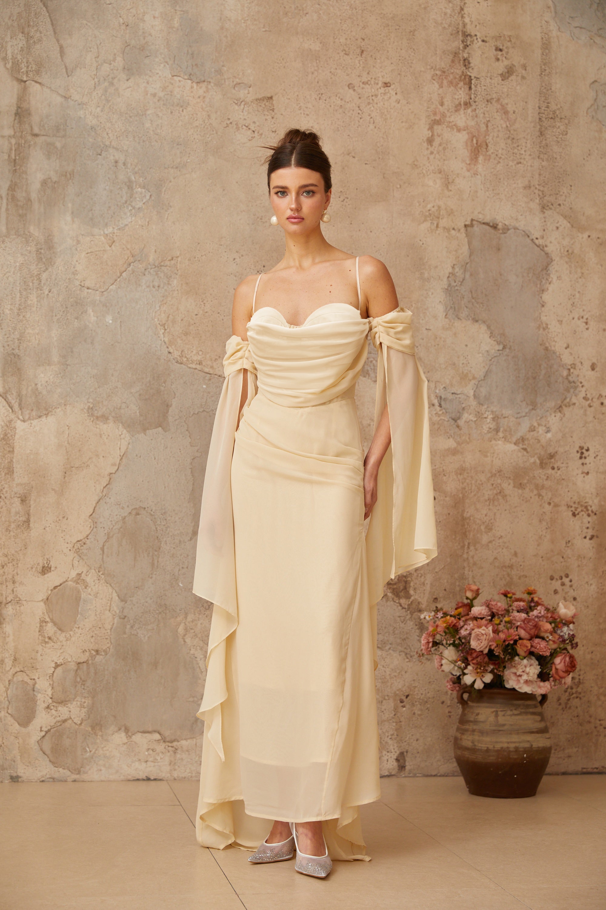 Mélusine Neutral Ruched Chiffon Maxi Dress