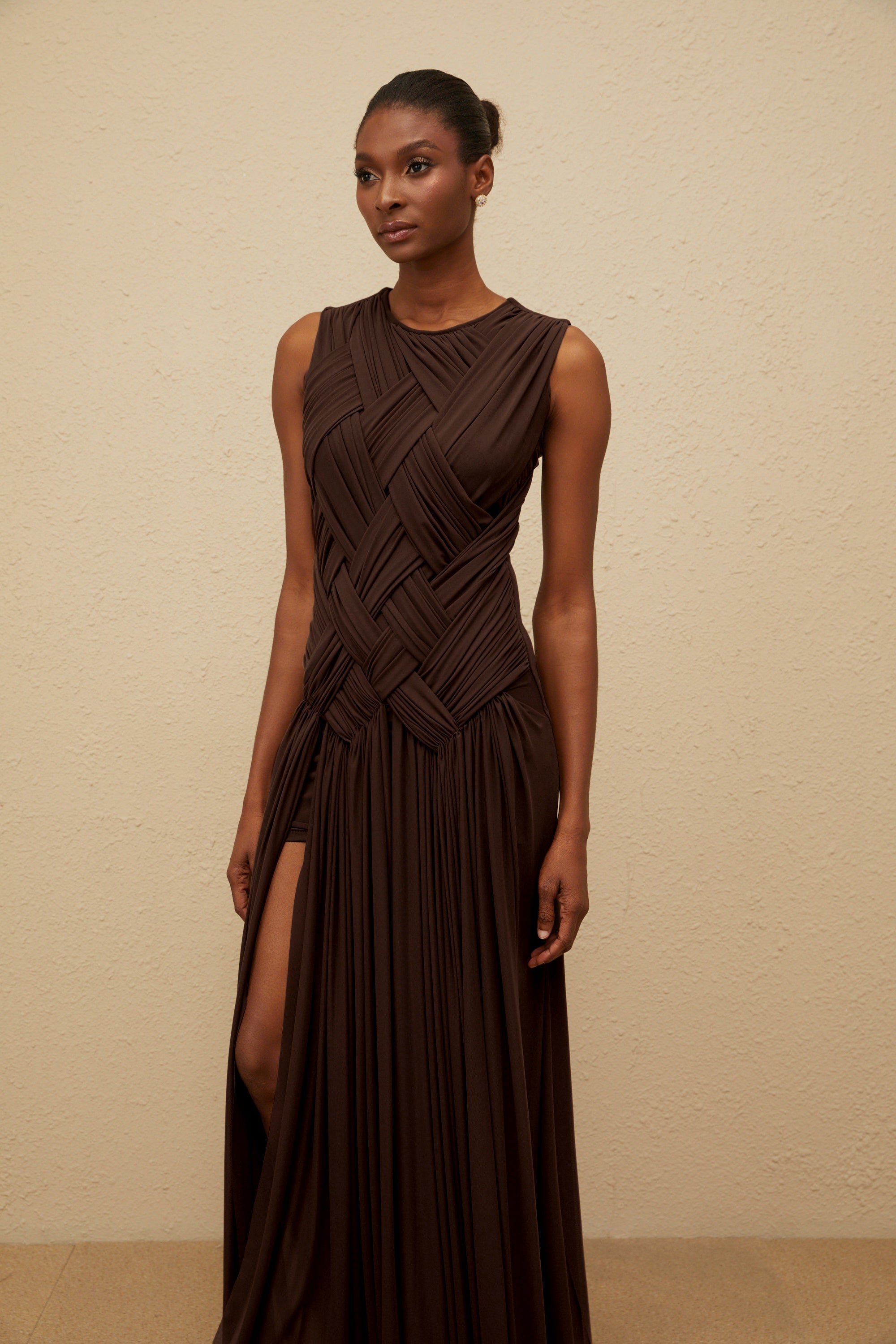 Daphné Brown Asymmetrical Braided Tulle Midi Dress