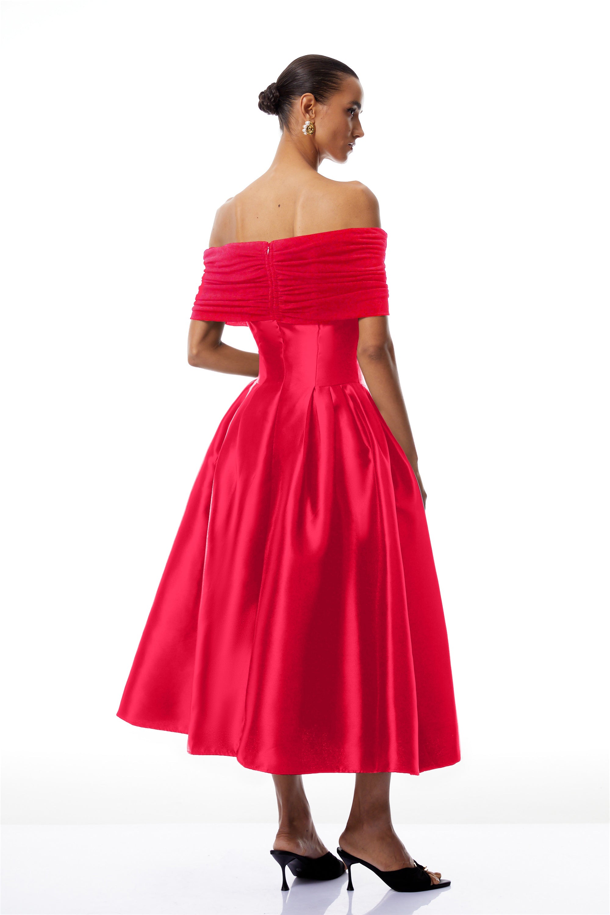 Ainara Red Off Shoulder Polished Midi Dress (Final Sale-US Only)