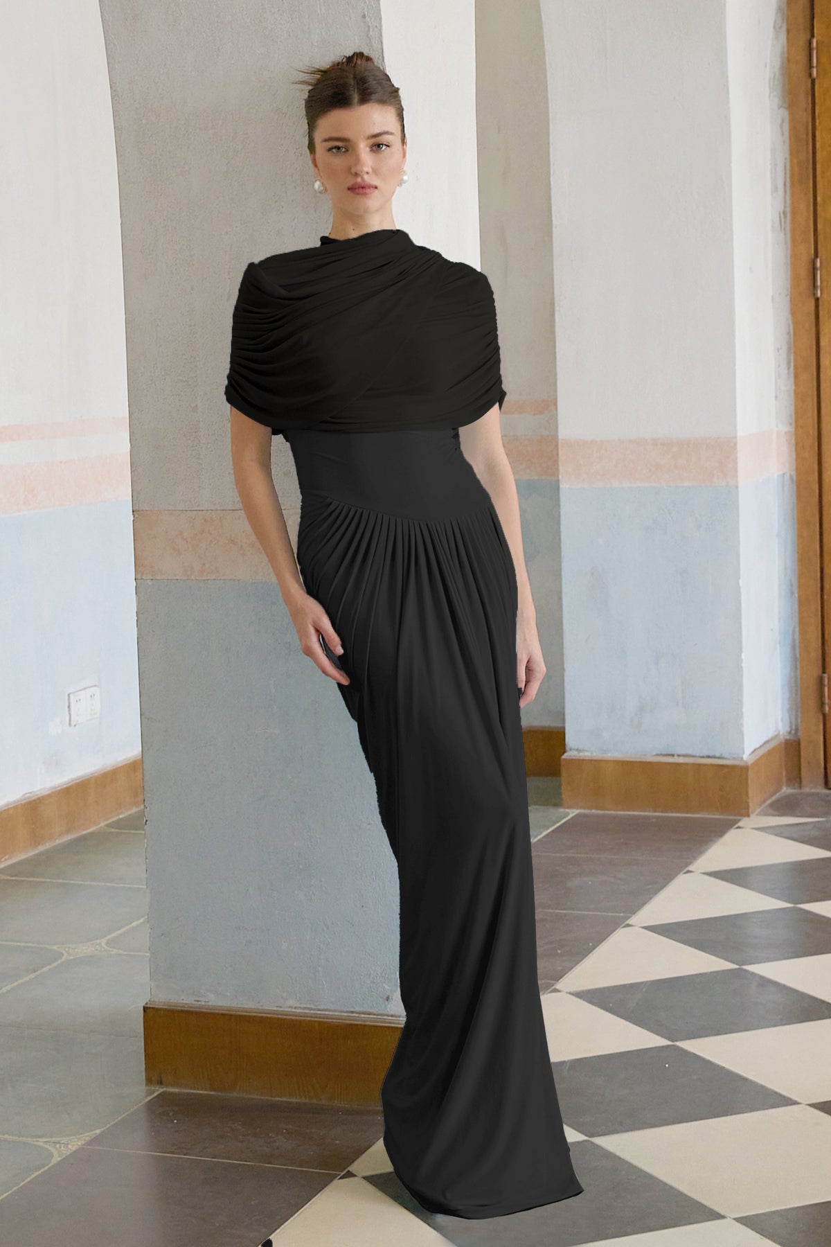 catherine asymmetrical pleated maxi dress in black