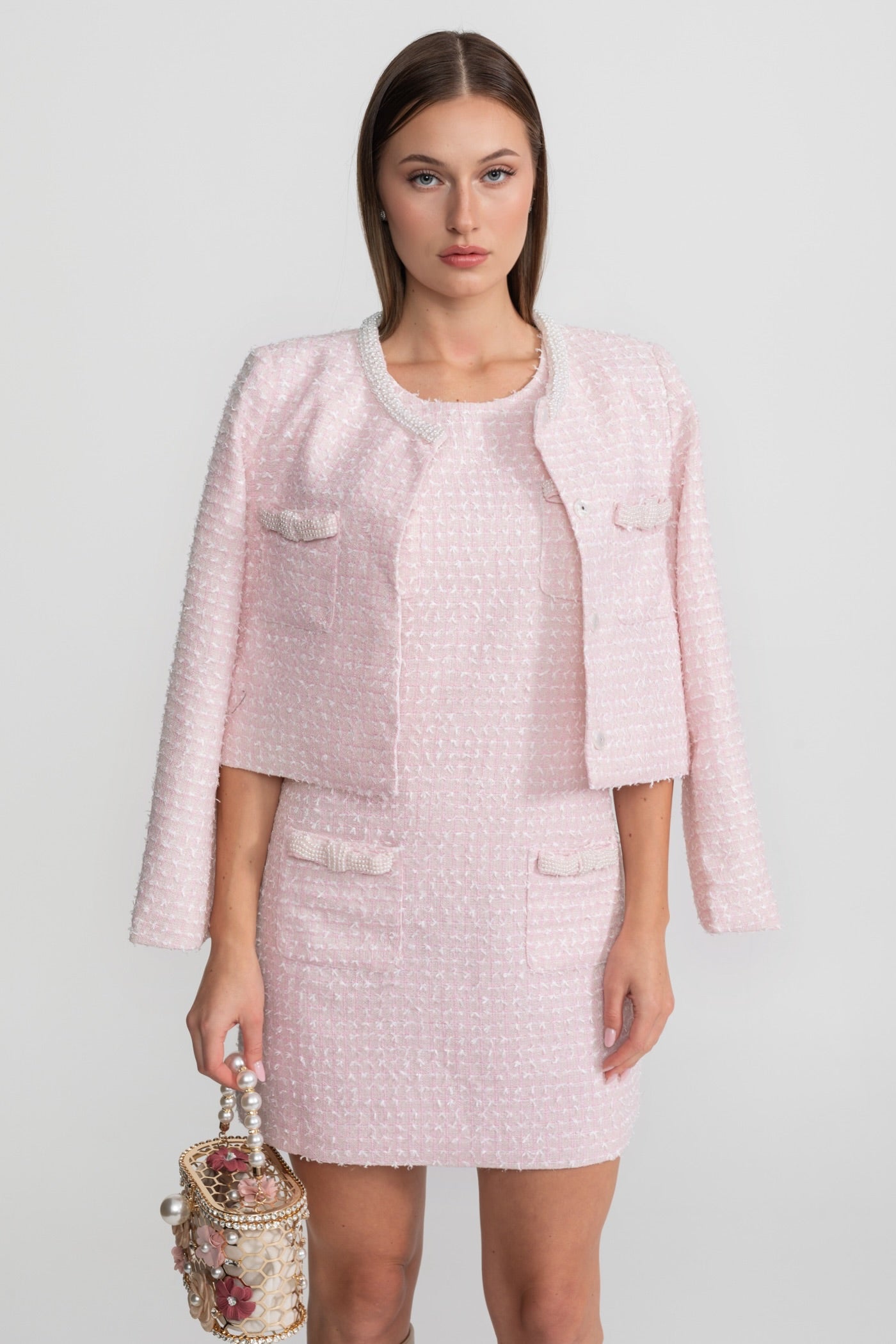 Embellished Tweed Mini Dress With Delicate Pearl Trim - Light Pink