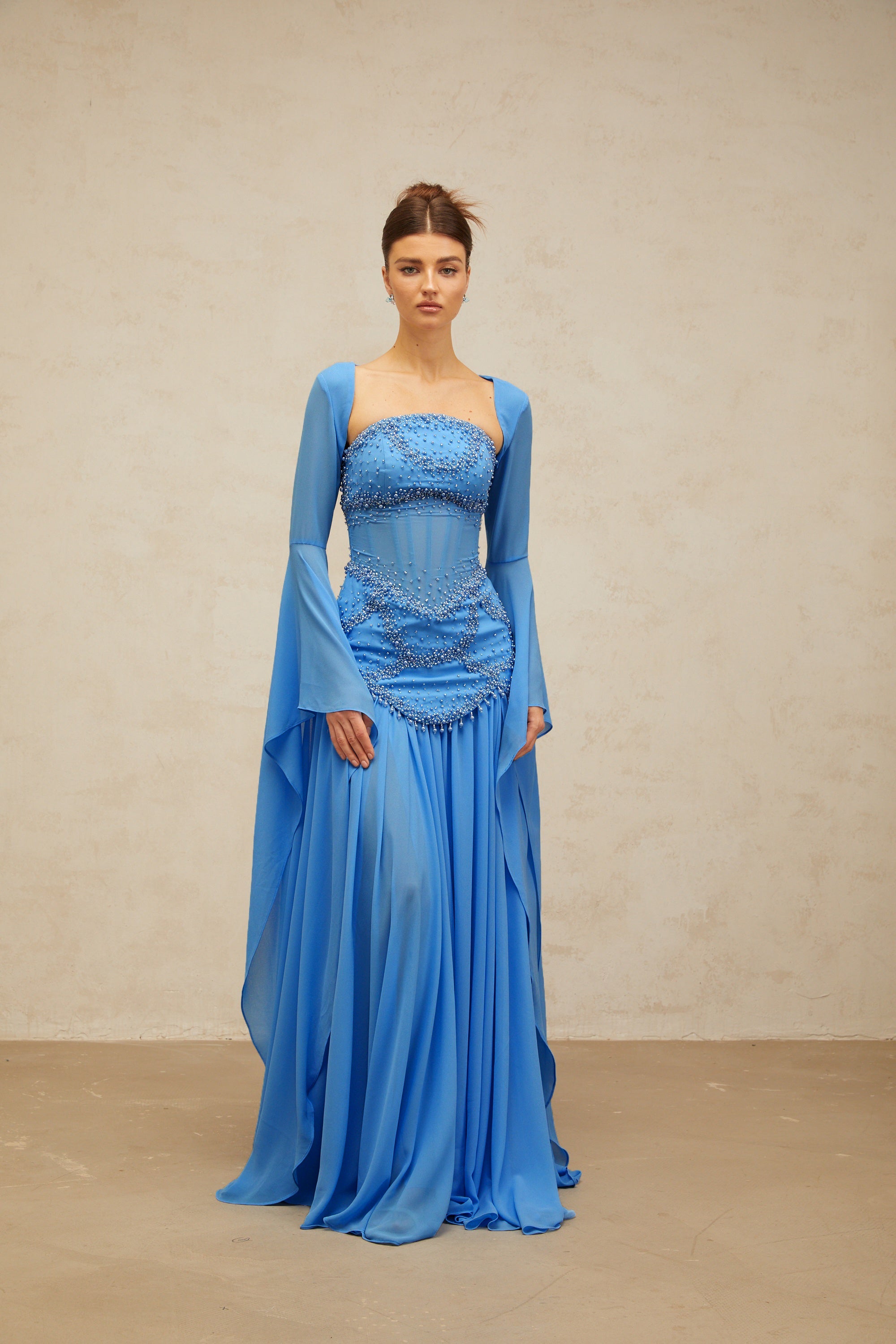 Gaëlle blue faux-pearl-embellished pleated maxi dress (Final Sale-US Only)