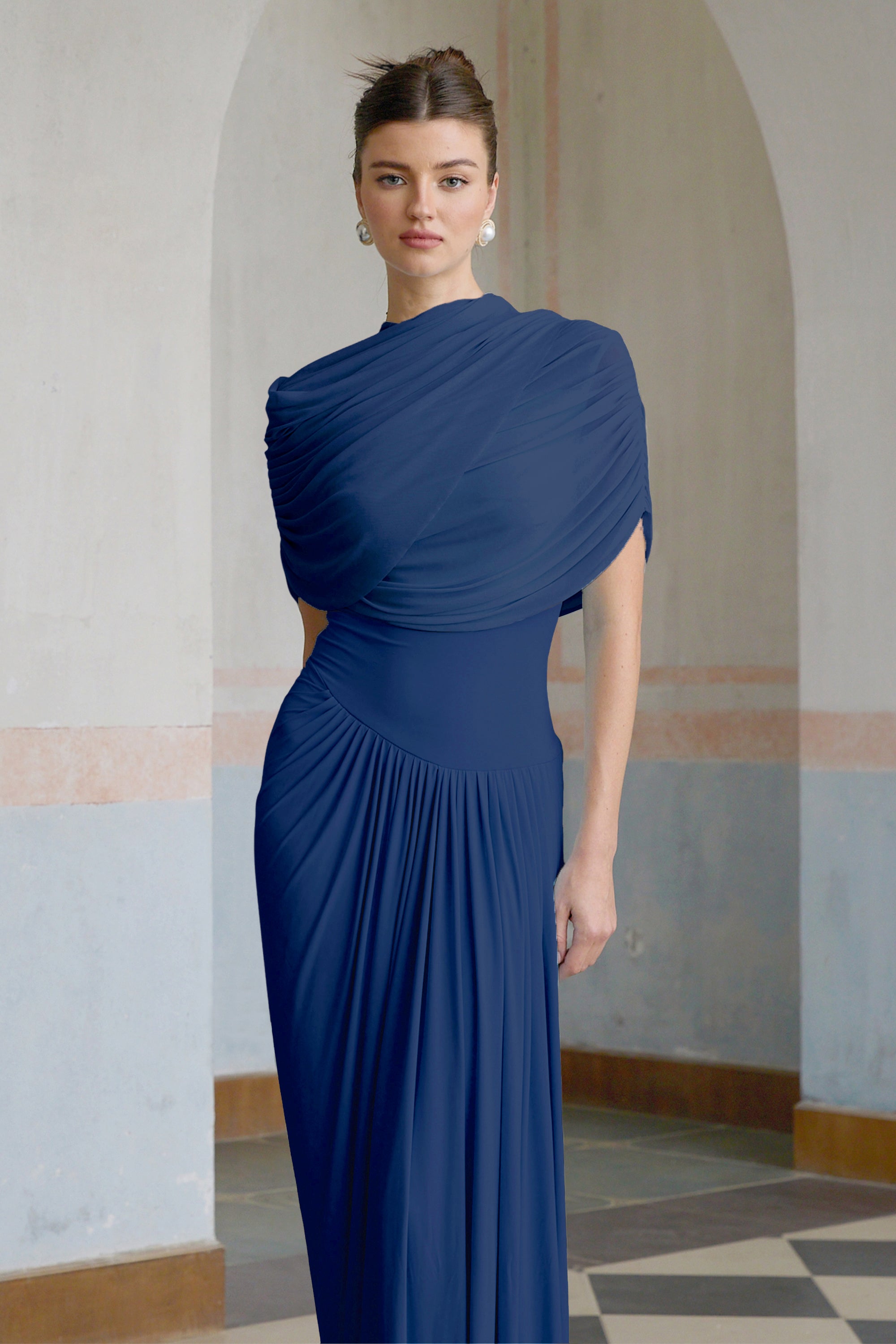 Catherine asymmetrical pleated maxi dress in Navy-blue (Final Sale-US Only)