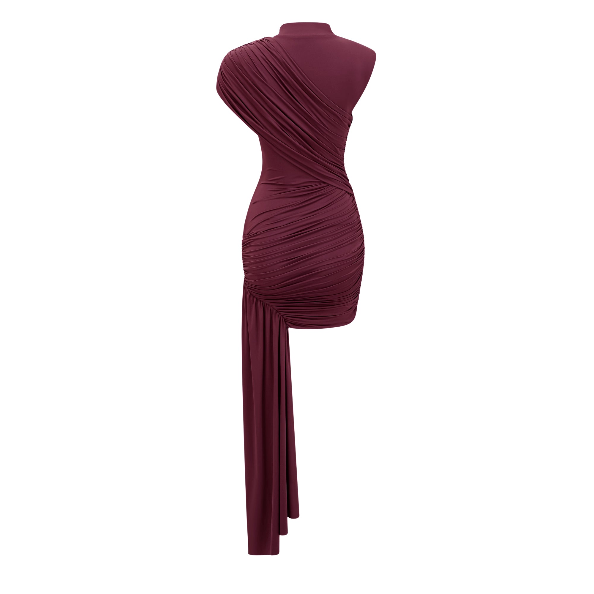 Fée Burgundy Asymmetrical Ruched Mini Dress