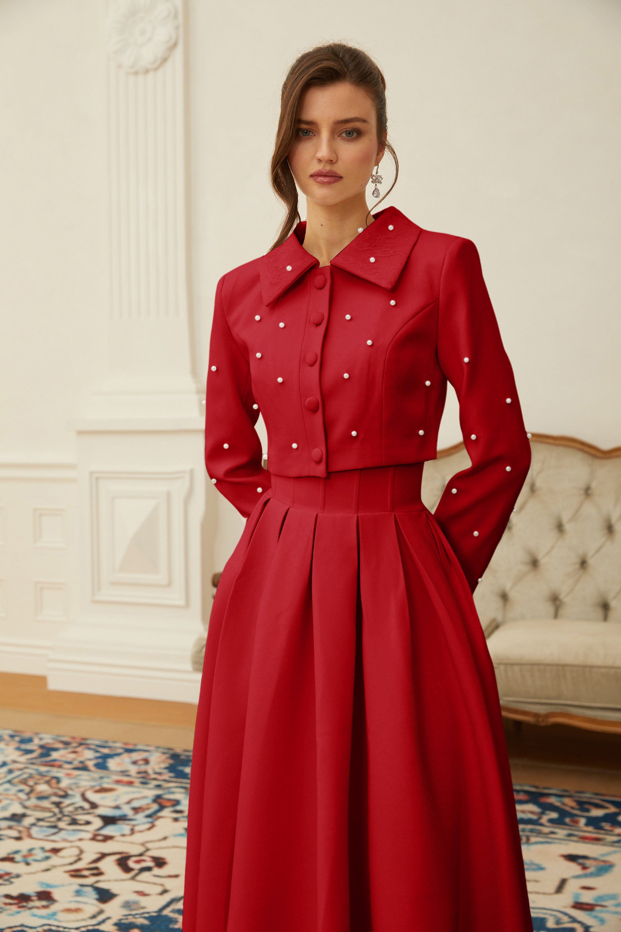 Maja Red Faux Pearl Jacket & Pleated Skirt Set