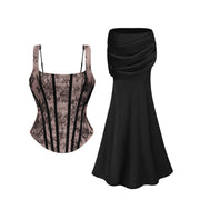 Olesya Black Lace Top & Ruched Skirt Set