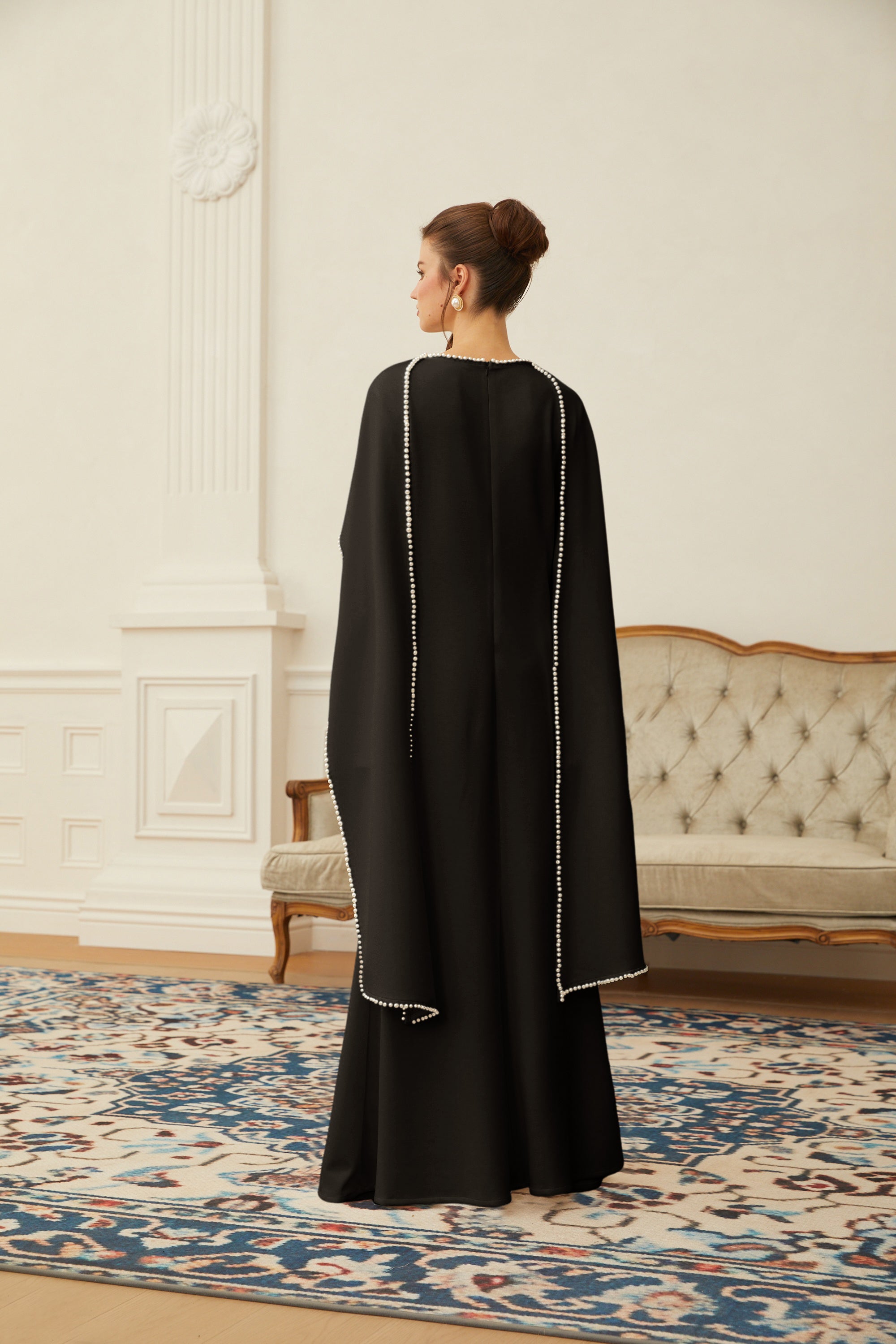 Piroska Black Pearl Trim Shawl Detail Maxi Dress