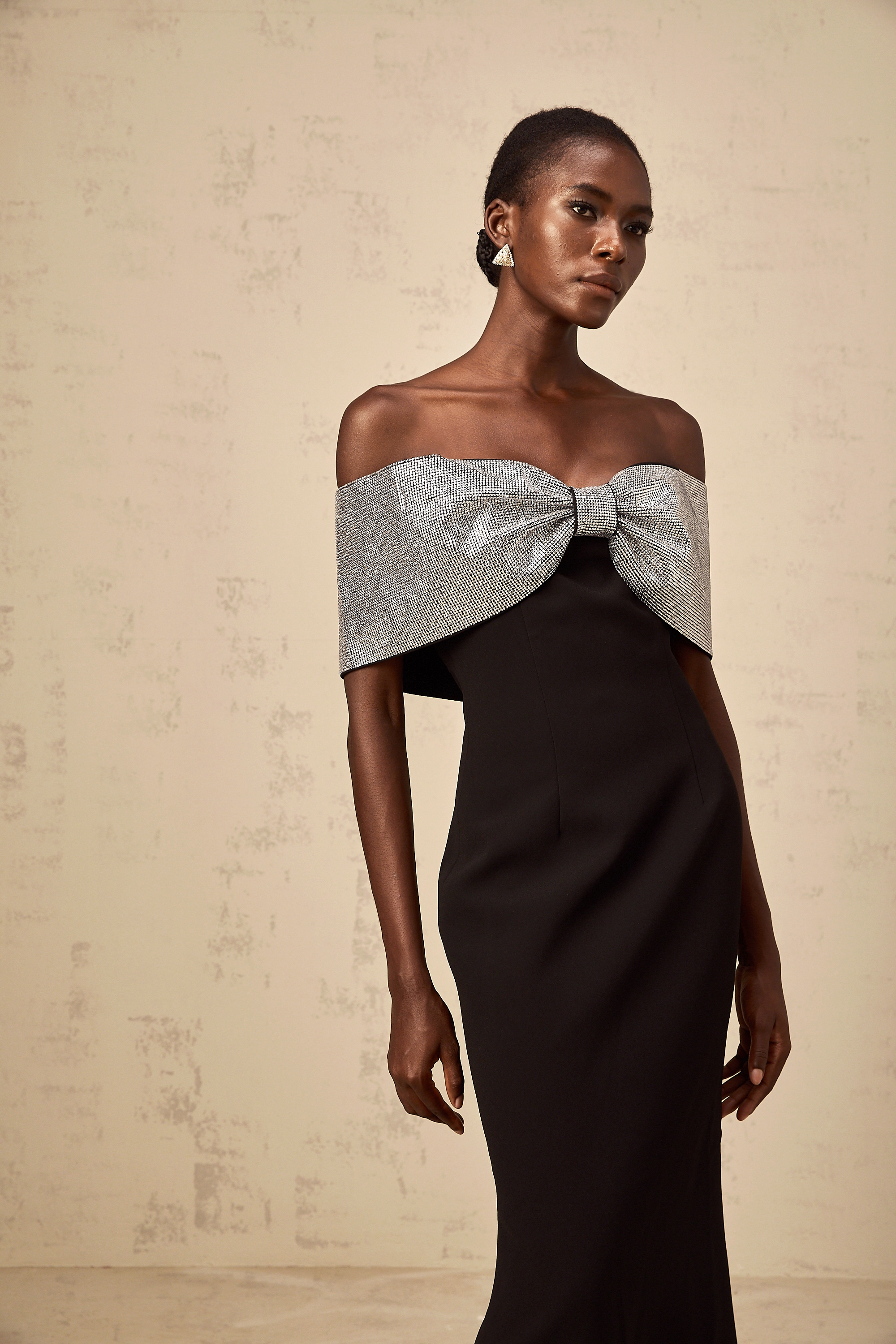Chloé black rhinestone-bow off-shoulder maxi dress