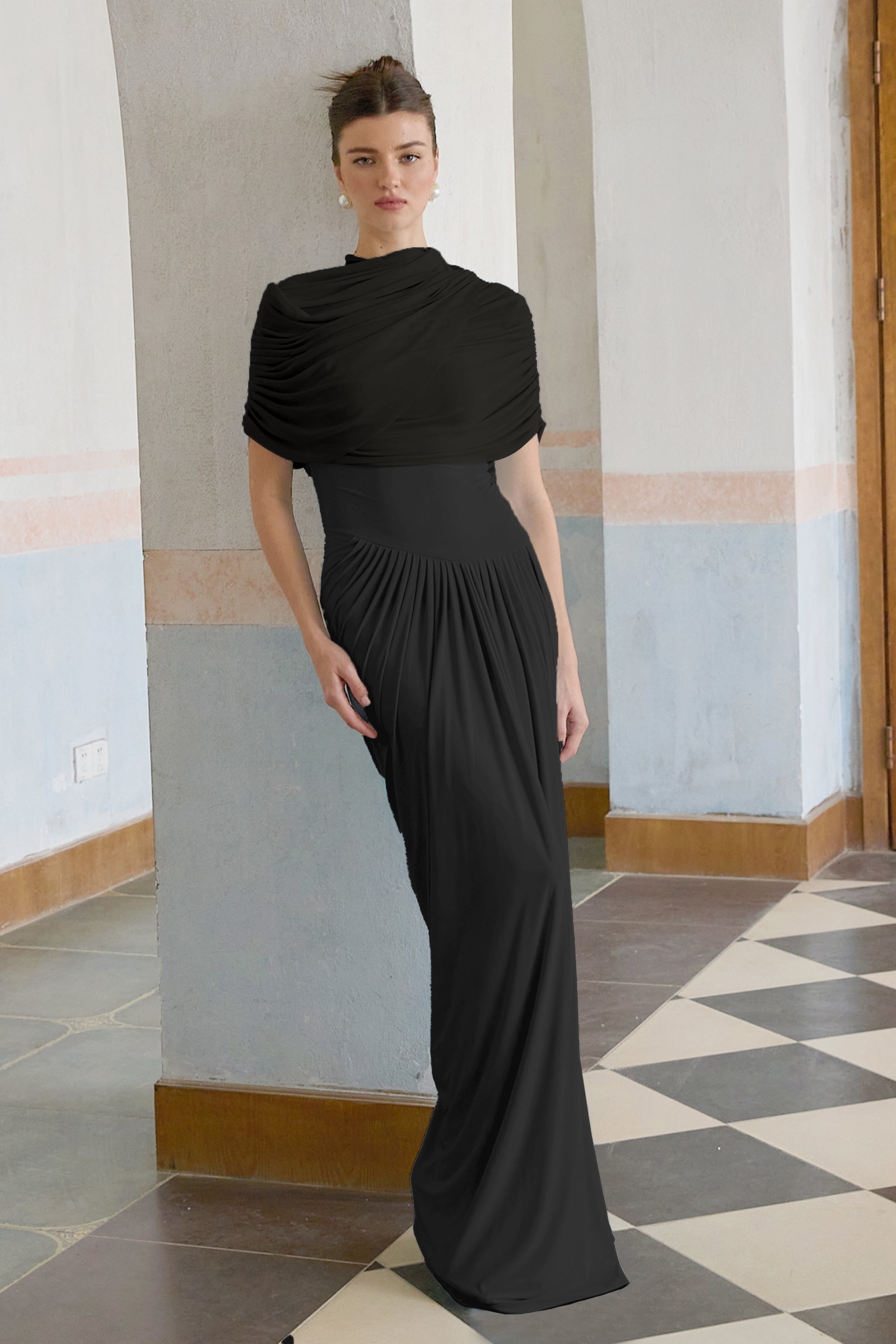 Catherine asymmetric pleated maxi dress in Black