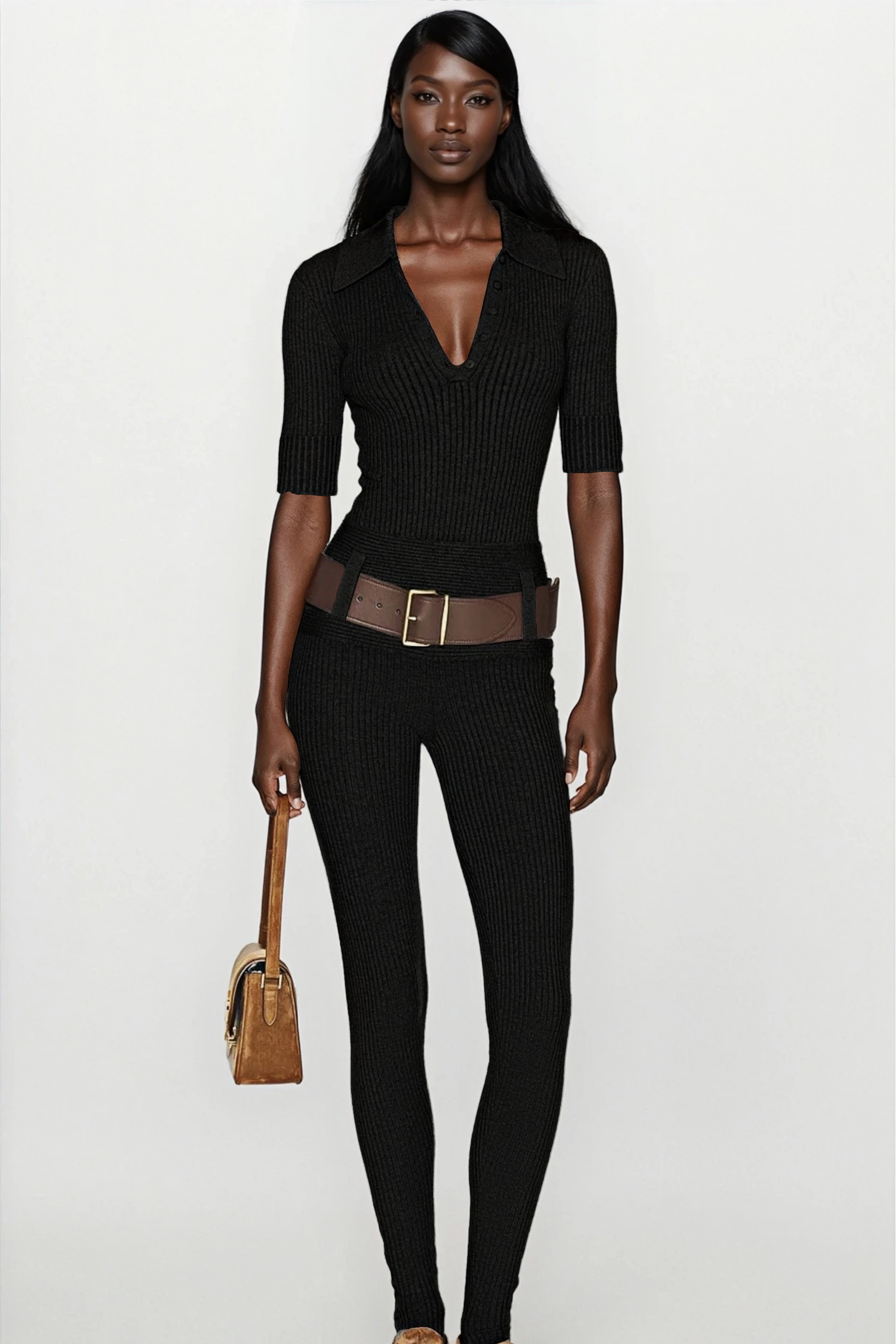 Claire Black Ribbed Knit Bodysuit & Trousers Set