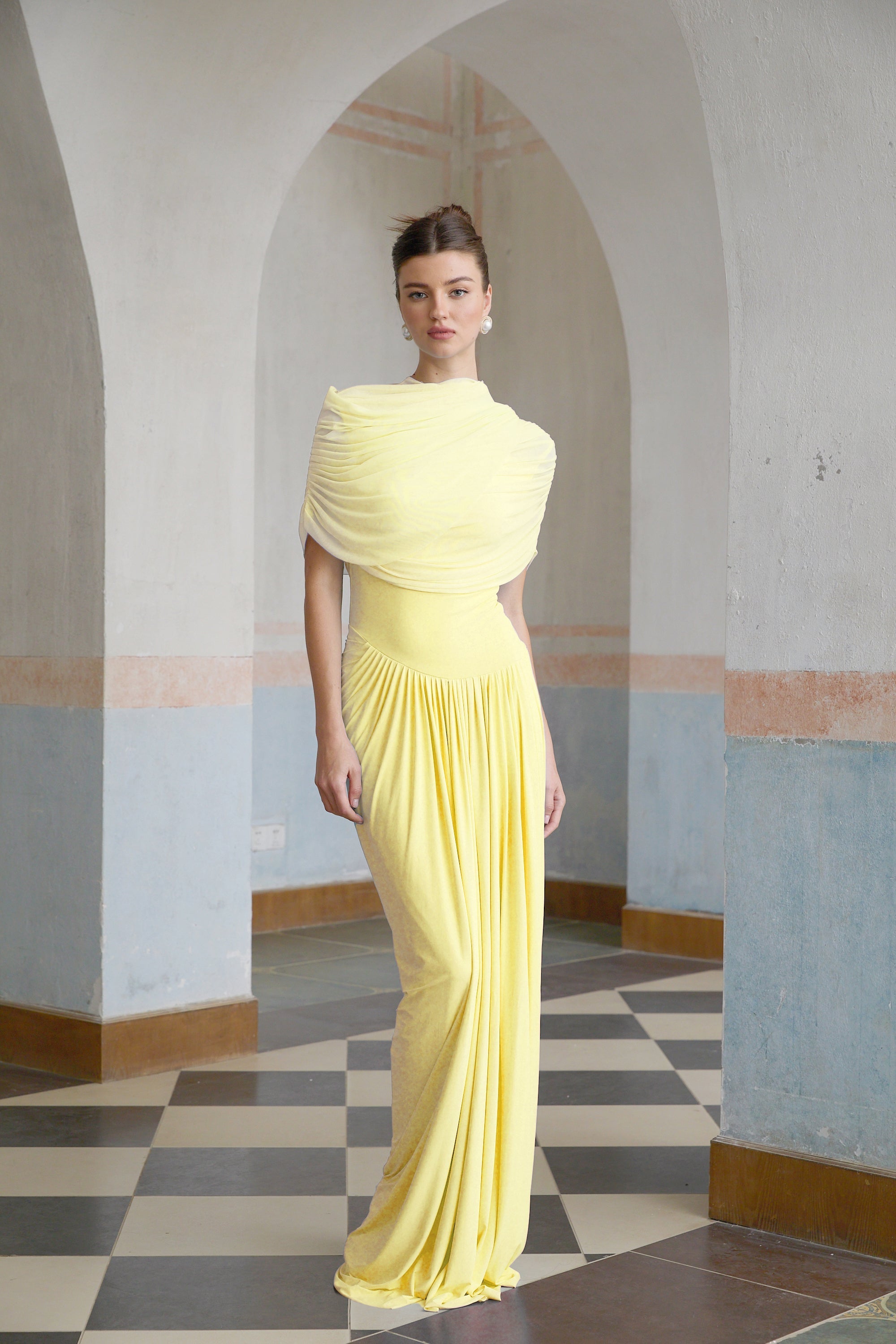 Catherine asymmetrical pleated maxi dress in Yellow (Final Sale-US Only)