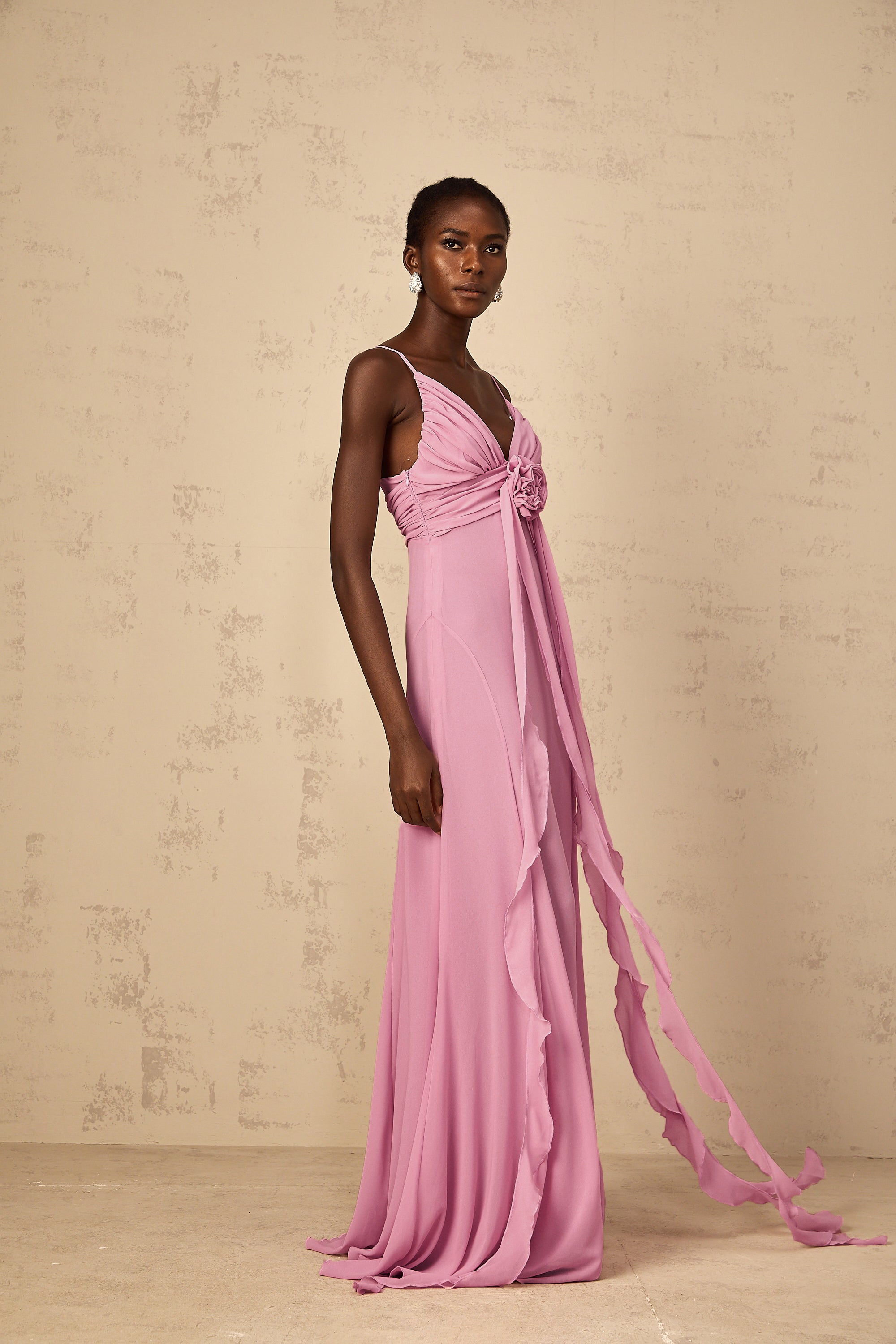 Ysandre Rose-Pink 3D Petal Tulle Maxi Dress
