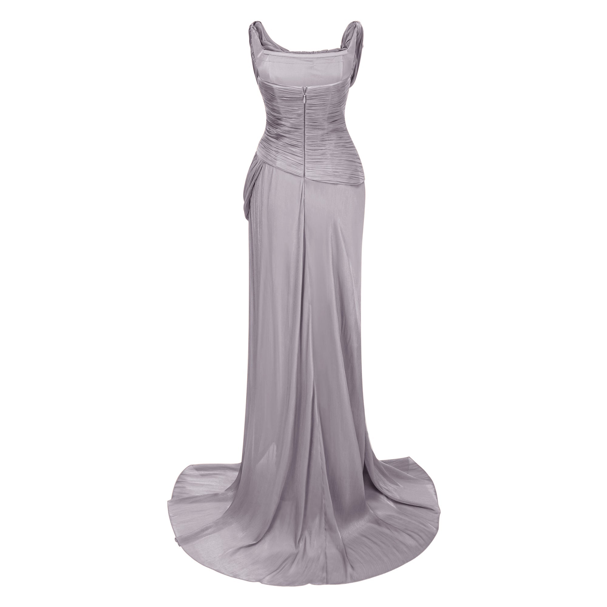 Gelsomina Grey Asymmetrical Glossy Gathered Maxi Dress