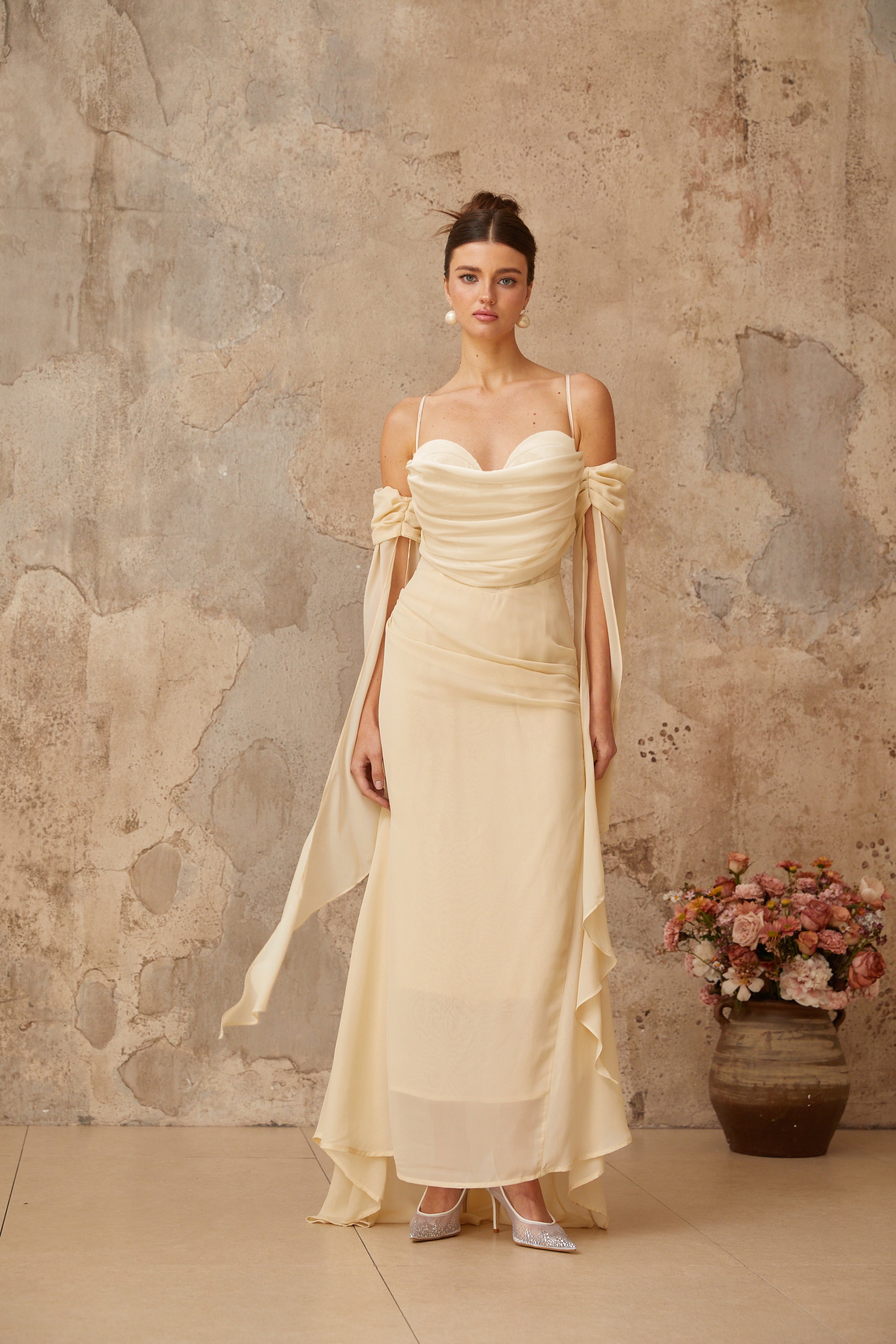 Mélusine Neutral Ruched Chiffon Maxi Dress