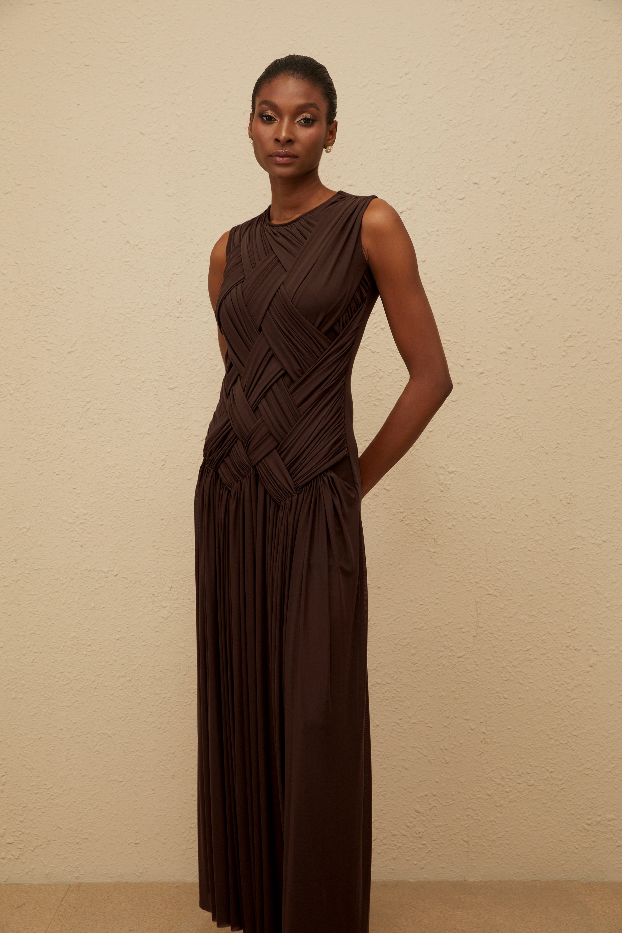 Daphné Brown Asymmetrical Braided Tulle Midi Dress